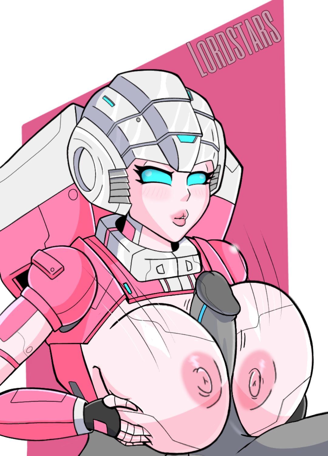 1girls, arcee, arcee (g1), areola, areolae, artist name, big breasts, blue eyes, blush, breasts, breasts out, busty, eyelashes, female, female focus, huge breasts, lordstars, male, male/female, motion lines, nipples, paizuri, penis, pink body, robot, robot girl, robot humanoid, straight, titfuck, titjob, transformers, transformers g1