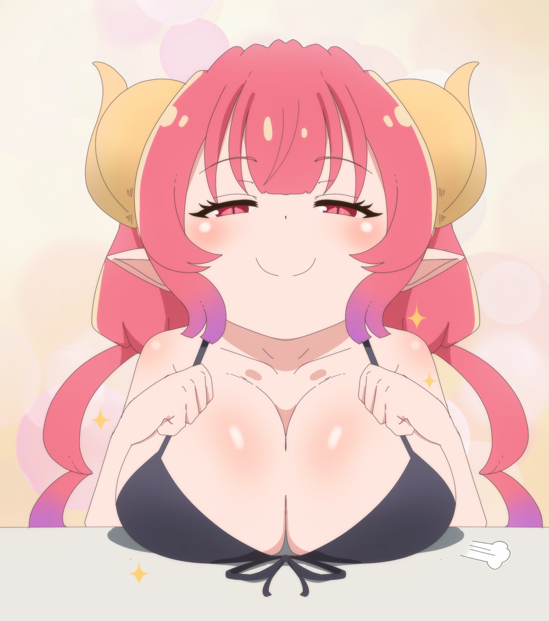 1girls, big breasts, bikini, breasts, female, foxxarius, half-closed eyes, horns, huge breasts, ilulu (dragon maid), large breasts, miss kobayashi's dragon maid, monster girl, pointy ears, red eyes, red hair, smile, solo, upper body