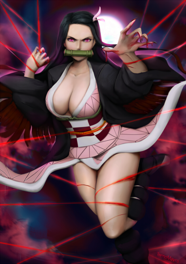 1girls, aged up, alternate breast size, angry, angry face, bamboo, bamboo gag, big breasts, black hair, black-haired female, blood, bondage, breasts, cleavage, defeated, demon, demon girl, demon slayer, female, female only, full body, gag, hair ribbon, haori, kamado nezuko, kimetsu no yaiba, kimono, long fingernails, long hair, looking at viewer, nezuko (demon form), no bra, obi, open kimono, pink eyes, realistic, restrained, sharp fingernails, slit pupils, solo, tecnomayro