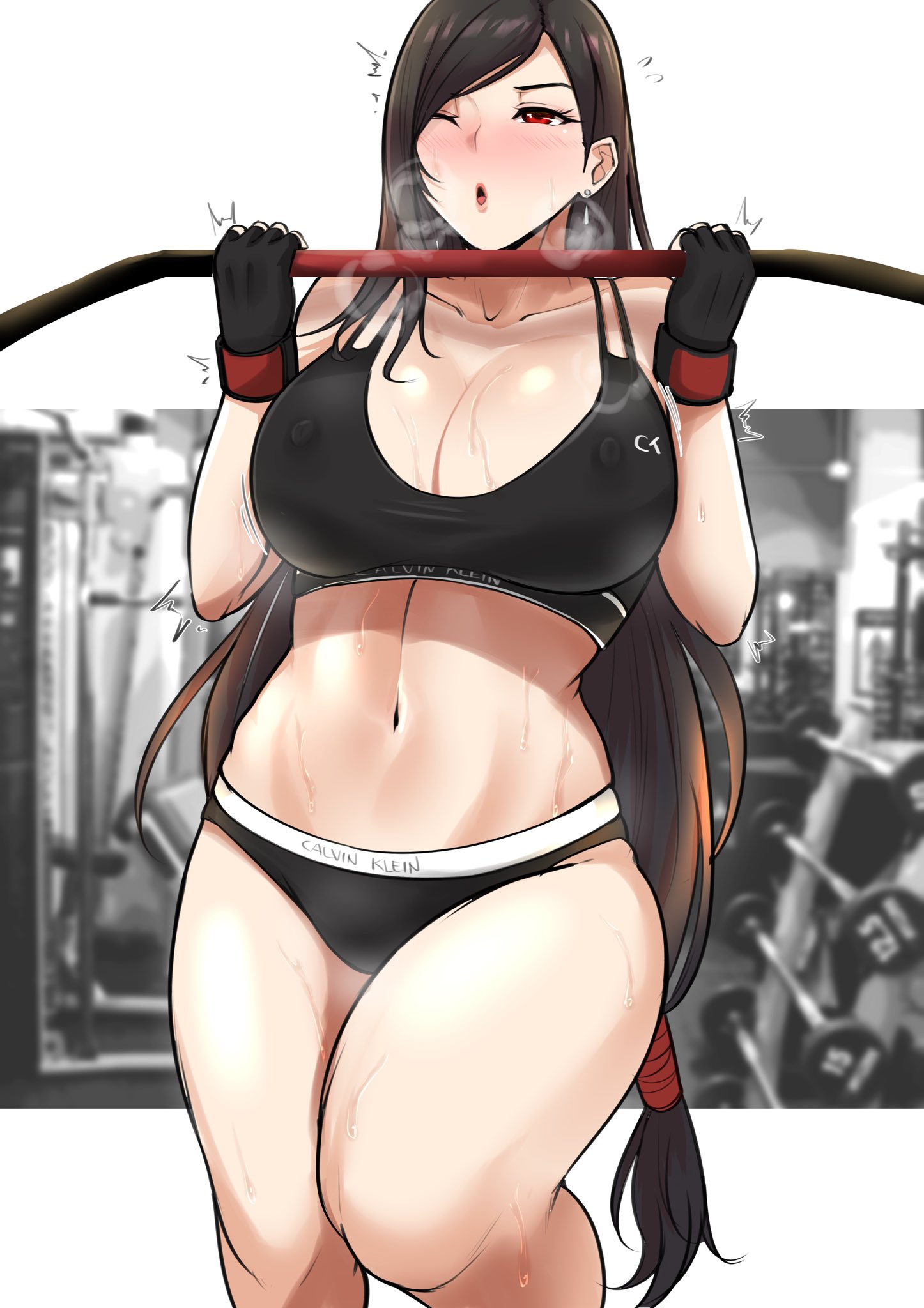 1girls, big breasts, blush, breasts, erect nipples, exercise, female, female only, final fantasy, final fantasy vii, large breasts, nipples, solo, tifa lockhart, tinnies