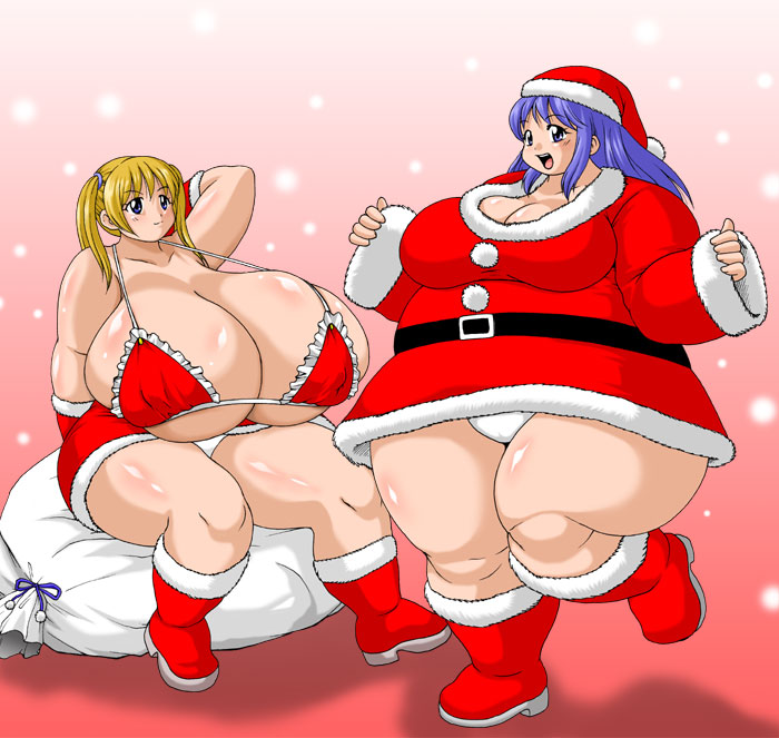 2girls ass bikini bikini_top blonde_hair blue_hair boots breast cho_(tetsujinex) christmas christmas_outfit chubby fat female female_focus female_only hips hyper hyper_breasts large_ass large_breasts long_hair no_pants panties short_dress tetsujinex thick_thighs thighs wide_hips