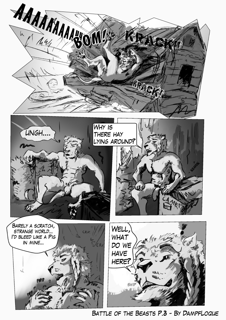 anthro_only balls battle_beast crashing dampfloque english_text felid feline genitals hut invincible invincible_(comics) invincible_(tv_series) lion male male_only mammal monochrome nude pantherine penis text thokk thokk_(invincible)