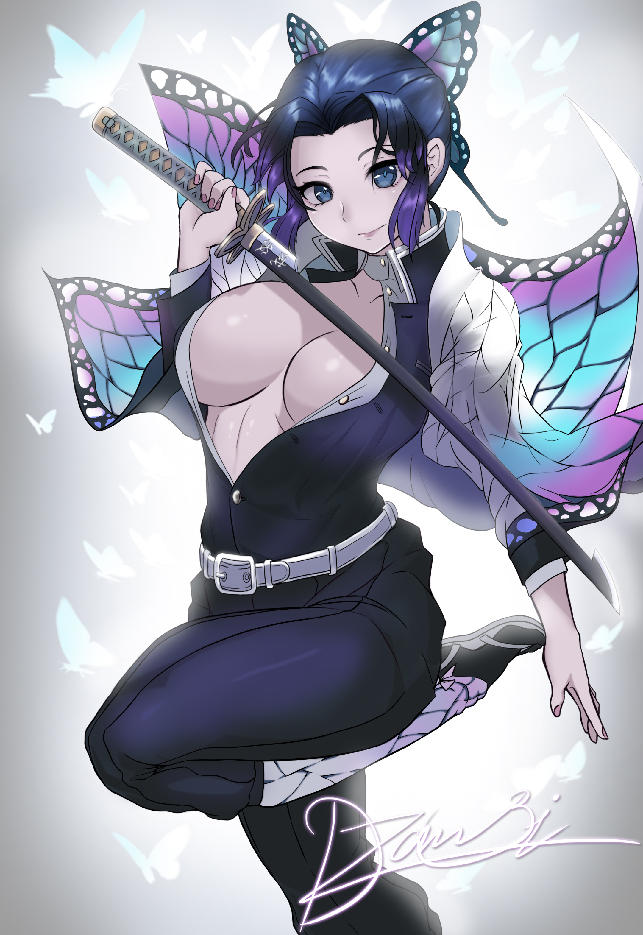 1girls, big breasts, black hair, blue eyes, breasts, butterfly hair ornament, covered nipples, dark hair, demon slayer, dzombie1993, female, female only, haori, hi res, huge breasts, katana, kimetsu no yaiba, kochou shinobu, leg up, light skin, light-skinned female, looking at viewer, no bra, open shirt, pale skin, pale-skinned female, purple hair, purple-haired female, solo, sword, two-tone hair, unbuttoned shirt, uniform