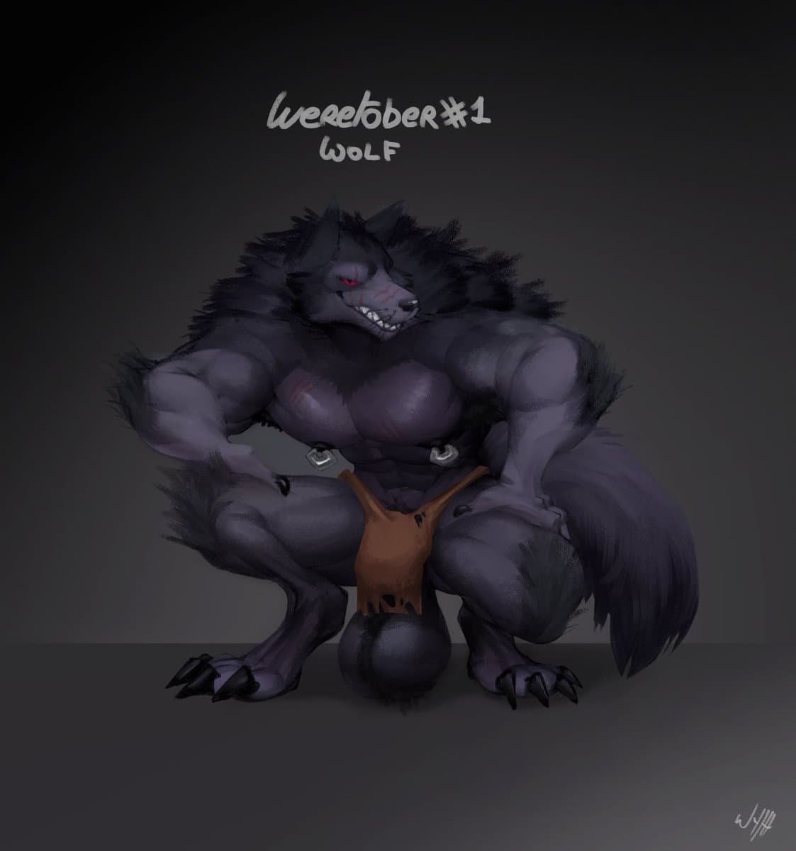 4_toes animal_genitalia anthro balls big_balls bottomwear canid canine clothing erect_nipples feet genitals hi_res huge_balls loincloth male male_only mammal nipple_piercing nipples piercing red_eyes solo toes were werecanid werecanine weretober werewolf wyth