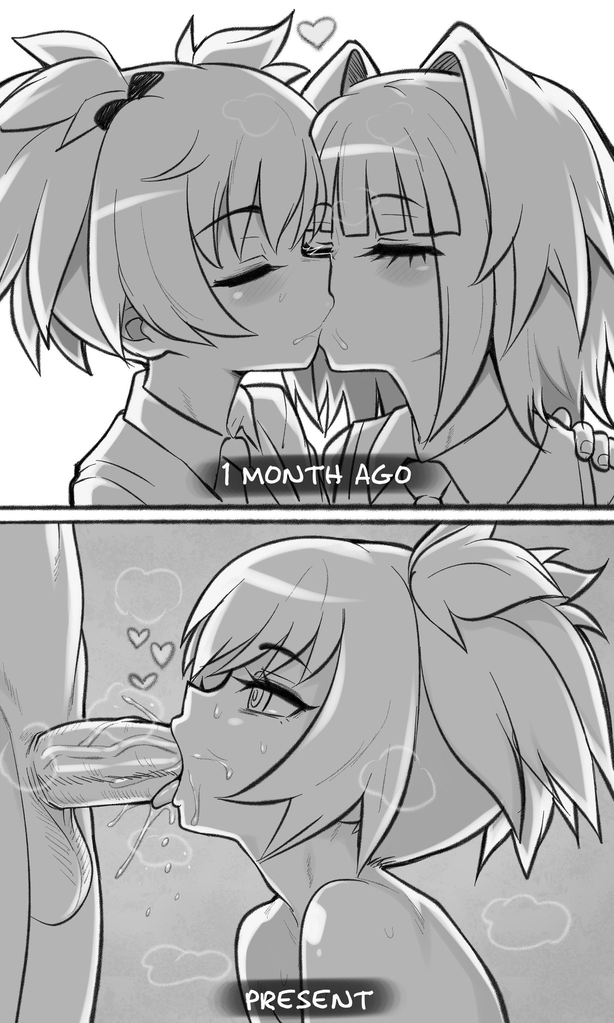 1girls, 2boys, aldharoku, assassination classroom, blowjob, blush, fellatio, female, femboy, feminine male, greyscale, kayano kaede, kissing, male, male/male, monochrome, musk, shiota nagisa, sweat, yaoi