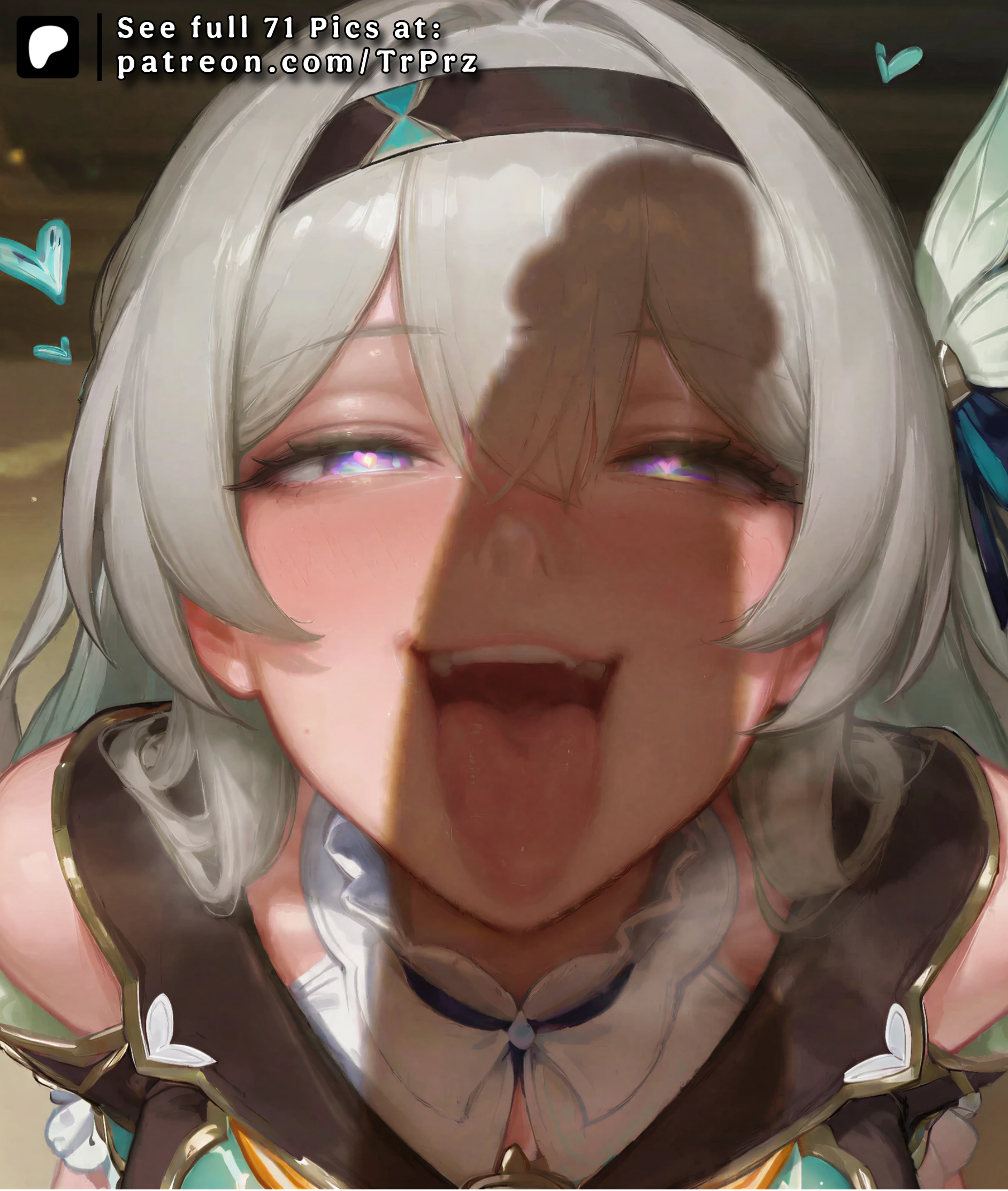 ai generated, big breasts, face focus, firefly (honkai: star rail), from above, hairband, heart, honkai: star rail, imminent fellatio, looking at penis, looking up, naughty face, open mouth, penis shadow, solo focus, spoken heart, trugprz