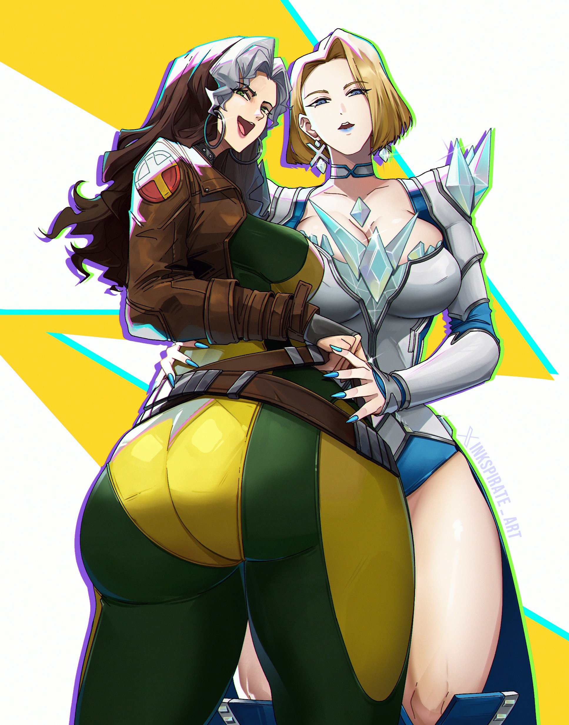 2girls, ass, breasts, emma frost, emma frost (marvel rivals), female, female focus, female only, hoop earrings, inkspirate, large ass, large breasts, light skin, light-skinned female, looking at viewer, looking back, marvel, marvel rivals, rogue (marvel rivals), rogue (x-men), thick thighs, thighs, wide hips, x-men