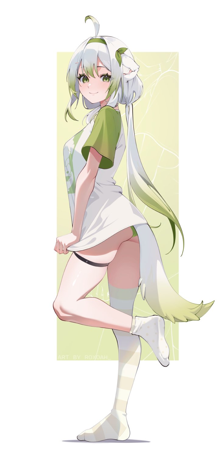 1girls, ahoge, animal ears, ass, booty, female, ferret girl, green eyes, green hair, hairband, indie virtual youtuber, laimu, laimu (2nd costume), laimu (comfy t-shirt), legs, medium breasts, oversized clothes, oversized shirt, panties, roxoah, smile, socks, tail, thick thighs, thigh strap, thighhighs, thighs, twintails, upskirt, virtual youtuber, white hair