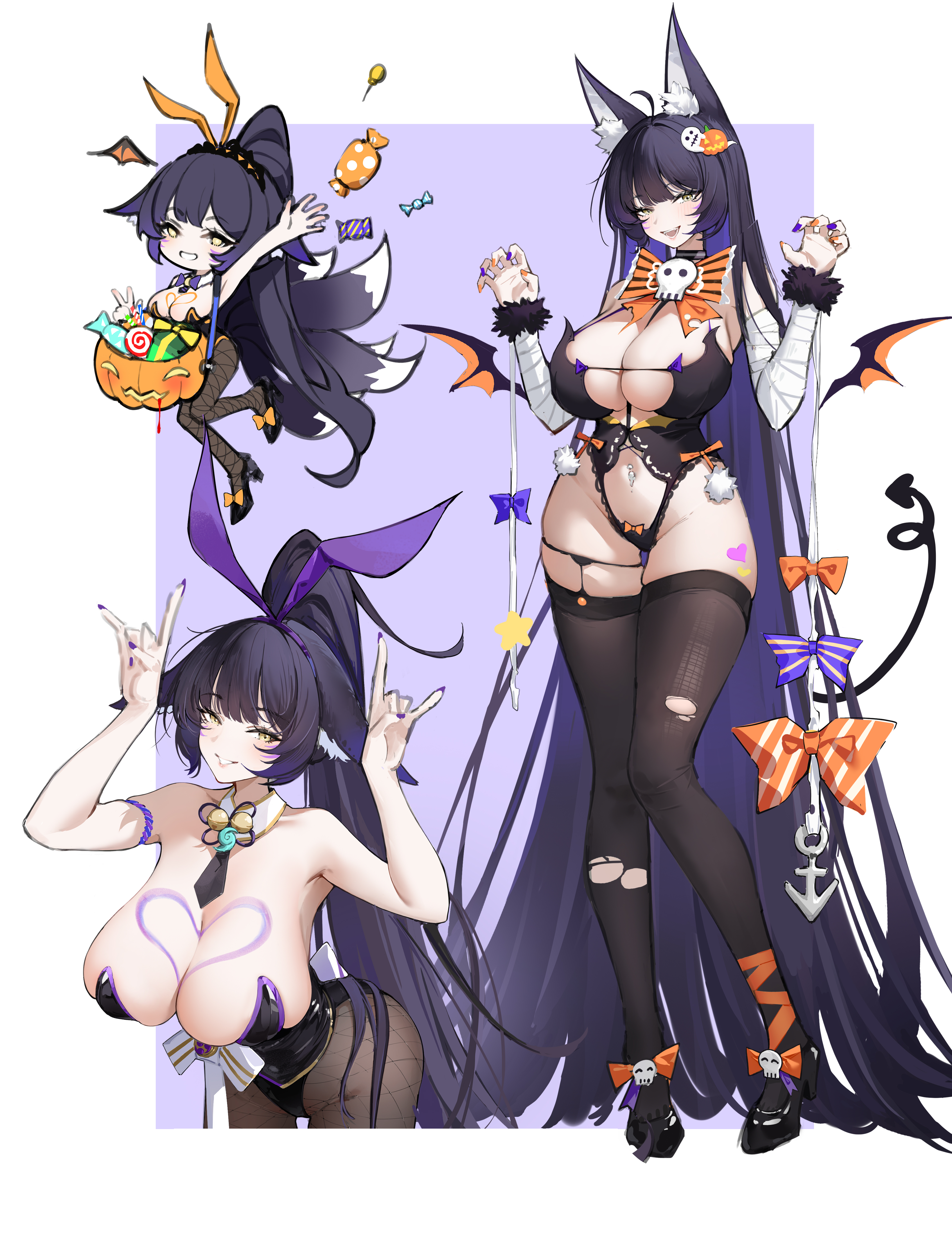 1girls, animal ears, azur lane, bandage, belly, bowtie, bunny girl, candies, candy, cute, dark purple hair, demon tail, demon wings, doujin, doujinshi, fake animal ears, fishnets, fox ears, fox girl, fox tail, full body, ghost, hair ornament, halloween, halloween costume, halloween pumpkin, halloween theme, heels, huge breasts, inner ear fluff, kitsune, large breasts, light skin, light skinned female, light-skinned female, multicolored hair, multicolored nails, multiple views, musashi (azur lane), musashi (the purple rabbit's marksmanship) (azur lane), nail polish, navel, navel piercing, panties, playboy bunny, pumpkin, purple hair, red plate (kyuu45), ripped pantyhose, sakura empire (azur lane), solo, stockings, tall female, torn pantyhose, tummy