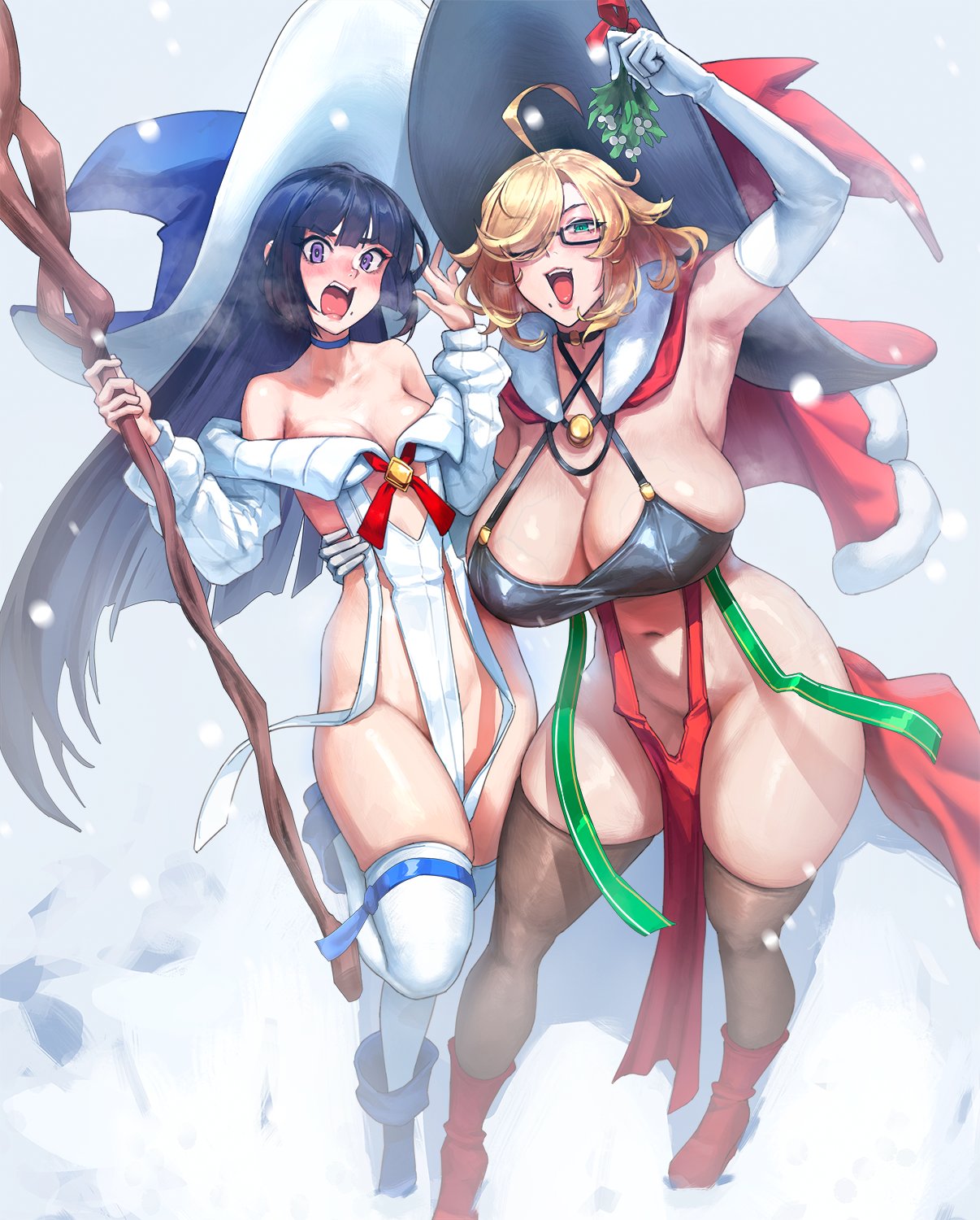2girls, ahoge, bare shoulders, bell, black hair, blonde hair, blue eyes, blue hat, blush, breasts, brown thighhighs, cleavage, dress, eu03, hair over one eye, hat, highres, huge breasts, jingle bell, long hair, looking at viewer, multiple girls, navel, no panties, off shoulder, open mouth, original, pelvic curtain, purple eyes, red dress, red hat, short dress, small breasts, smile, snow, staff, thick thighs, thighhighs, thighs, white dress, white thighhighs, witch, witch (eu03), witch hat