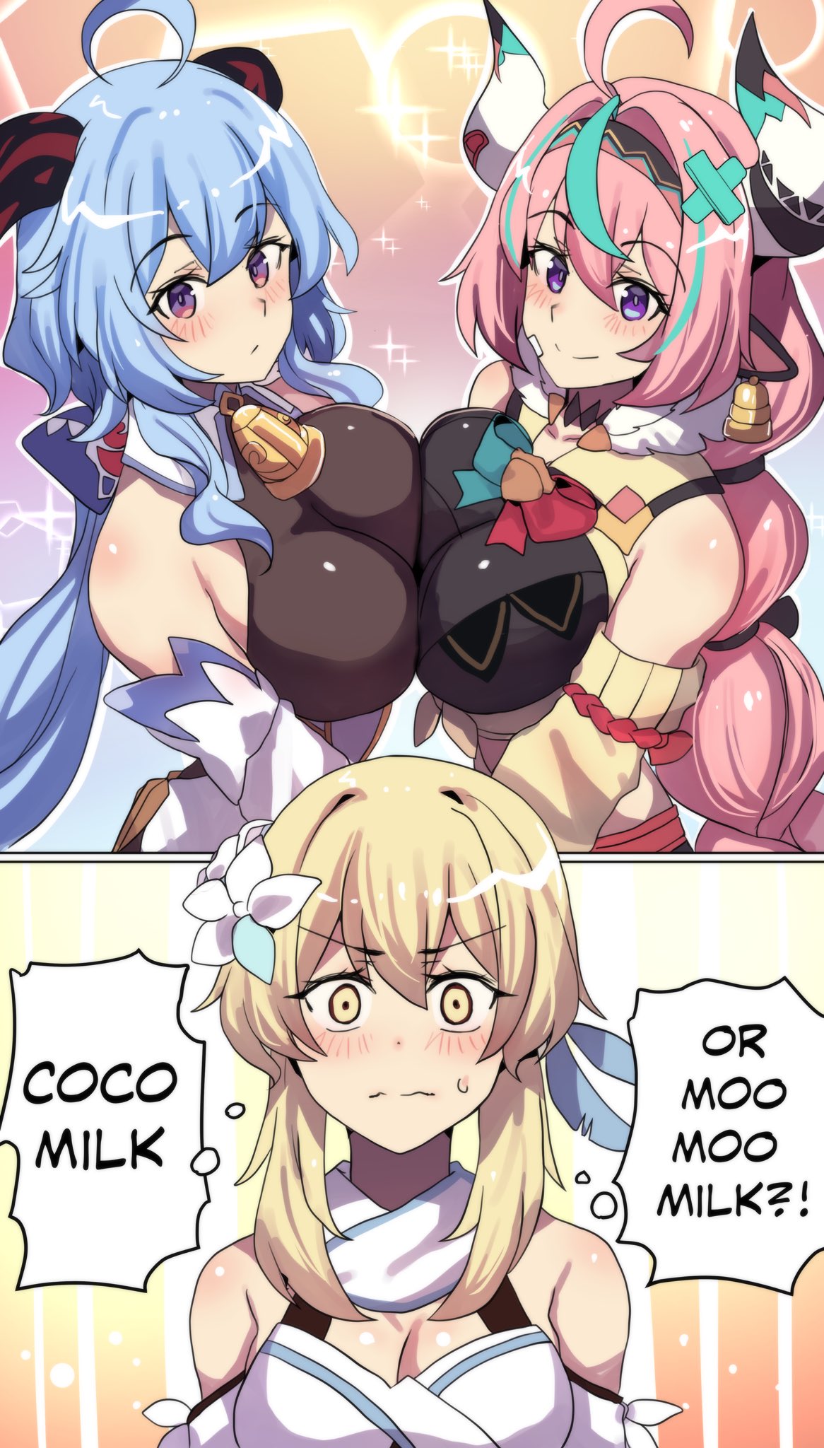 3girls, big breasts, blue hair, ganyu (genshin impact), genshin impact, hinghoi, horns, lesbian focus, lumine (genshin impact), pink hair, symmetrical docking, varesa (genshin impact), yellow hair, yuri