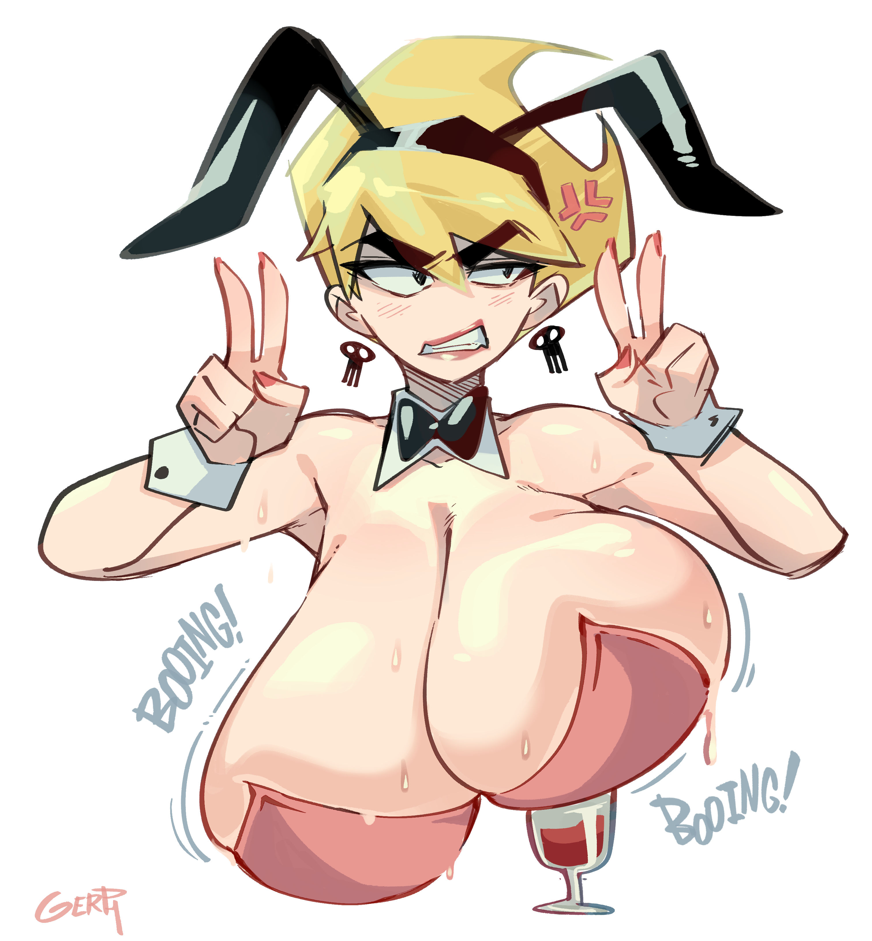 1girls, 2025, 2d, 2d (artwork), aged up, alternate breast size, anger vein, angry, artist signature, big breasts, blonde hair, blush, bouncing breasts, breasts, breasts bigger than head, bunny ears, bunnysuit, cartoon network, clothed, clothed female, double v, earrings, embarrassed, female, female only, gerph, glass, huge breasts, large breasts, light skin, lipstick, looking to the side, mandy (billy and mandy), onomatopoeia, painted nails, skull earrings, solo, solo female, sweat, sweatdrop, the grim adventures of billy and mandy, thick eyebrows, v, wine, wine glass