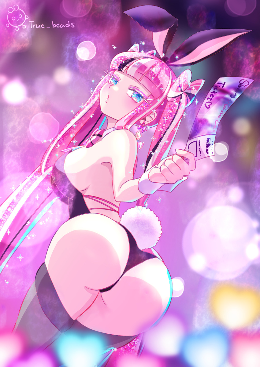 1girls, alternate hairstyle, ass, big ass, breasts, bunnysuit, cookie run, cookie run ovenbreak, earrings, eyelashes, female only, glitter, glitter eyeshadow, glittering hair, holding object, long hair, multicolored hair, pink hair, playboy bunny, shining glitter cookie, sideboob, thighhighs, true beads, twintails