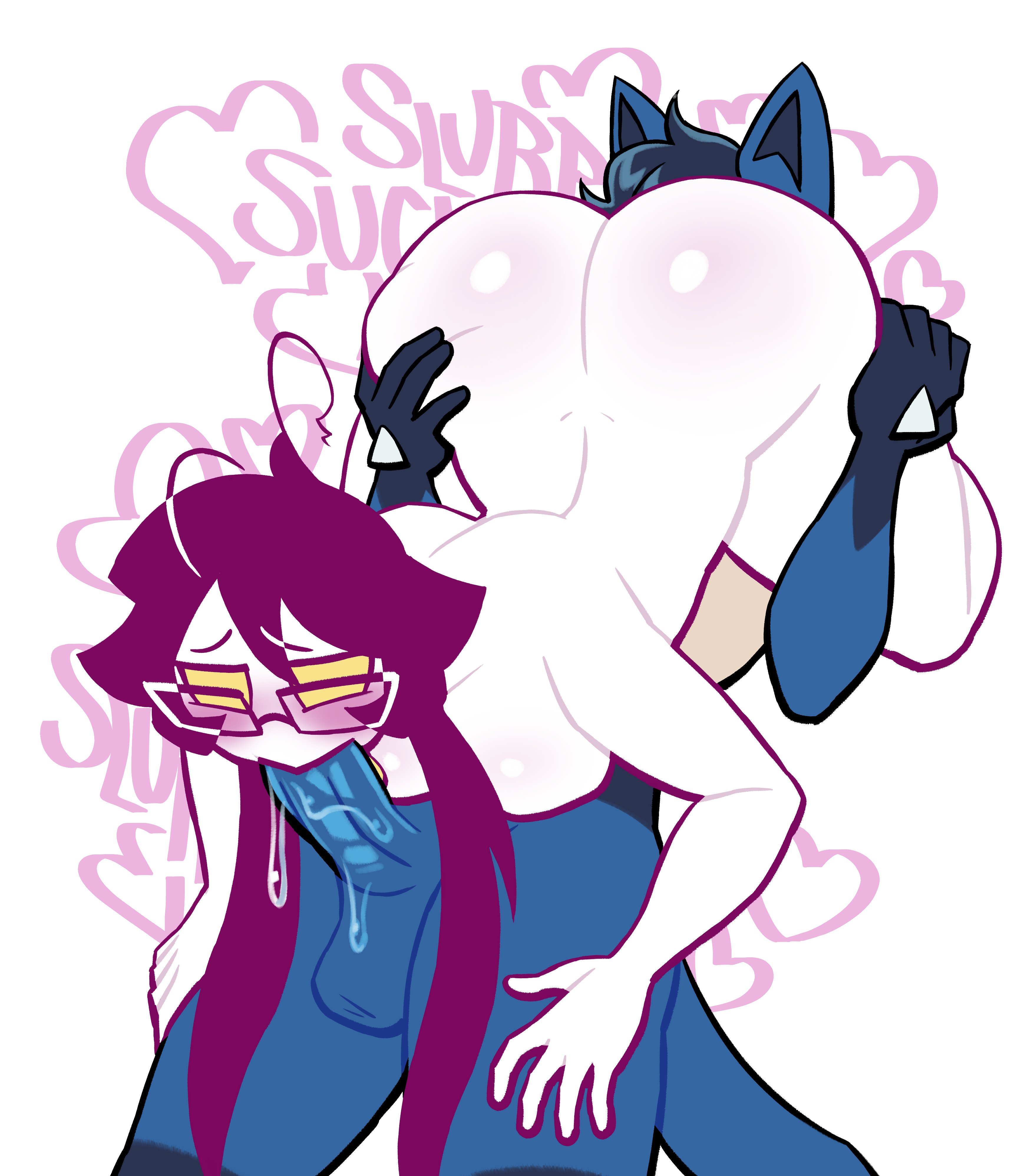 2025, 69, 69 position, anthro, ass, balls, big ass, canine, duo, eyewear, fellatio, female, furry, glasses, jenny (1-upclock), lovetopullmicke, lucario, male, male lucario, male/female, nintendo, nude, oral, oral penetration, penis, pokemon, pokemon (species), pokephilia, sex, straight, text, yellow eyes