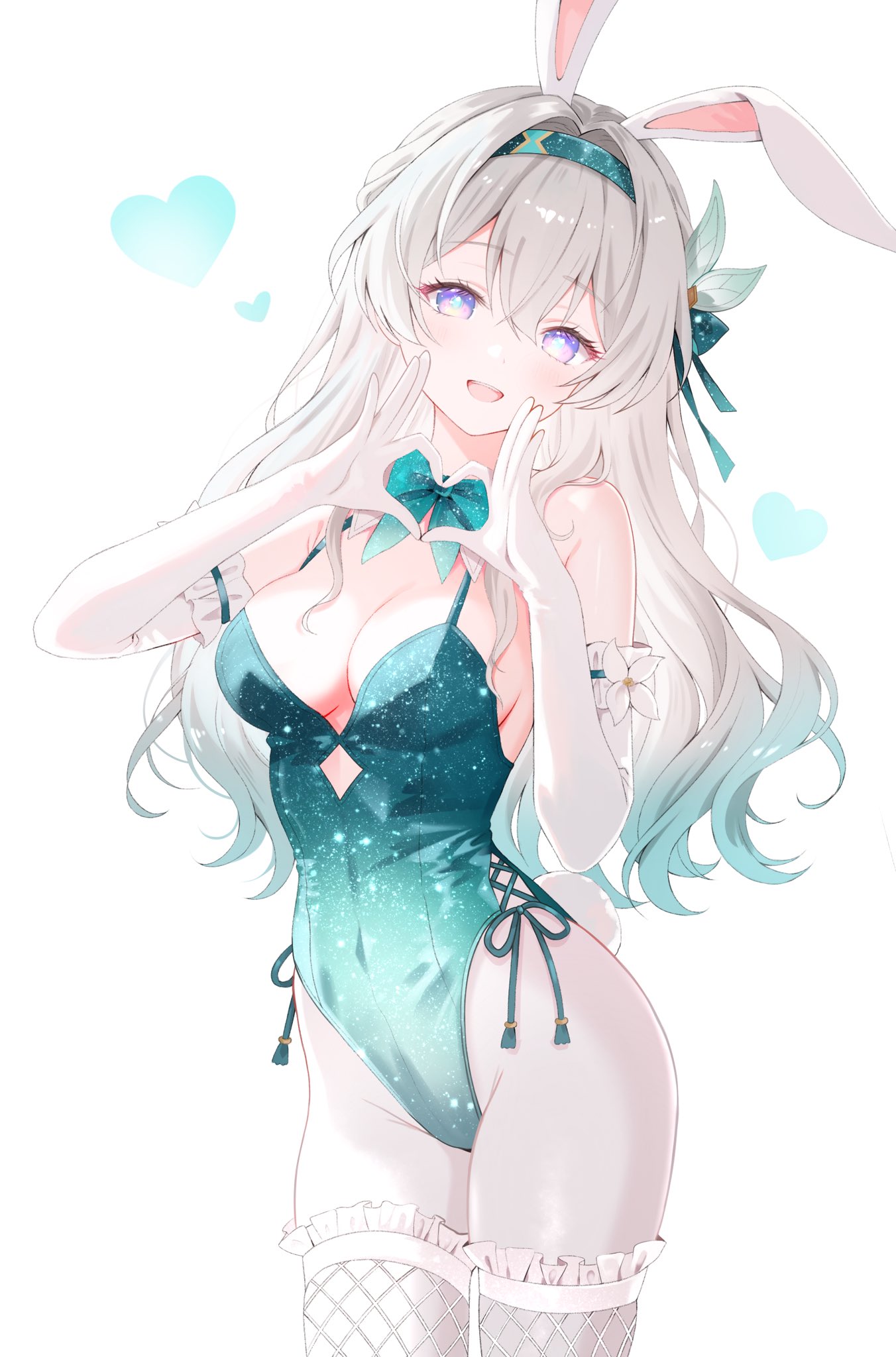 1girls, artist request, breasts, bunny ears, bunnysuit, exposed breasts, firefly (honkai: star rail), green bunnysuit, green leotard, honkai: star rail, hoyoverse, leotard, long hair, mihoyo, multicolored eyes, multicolored hair, pantyhose, white pantyhose