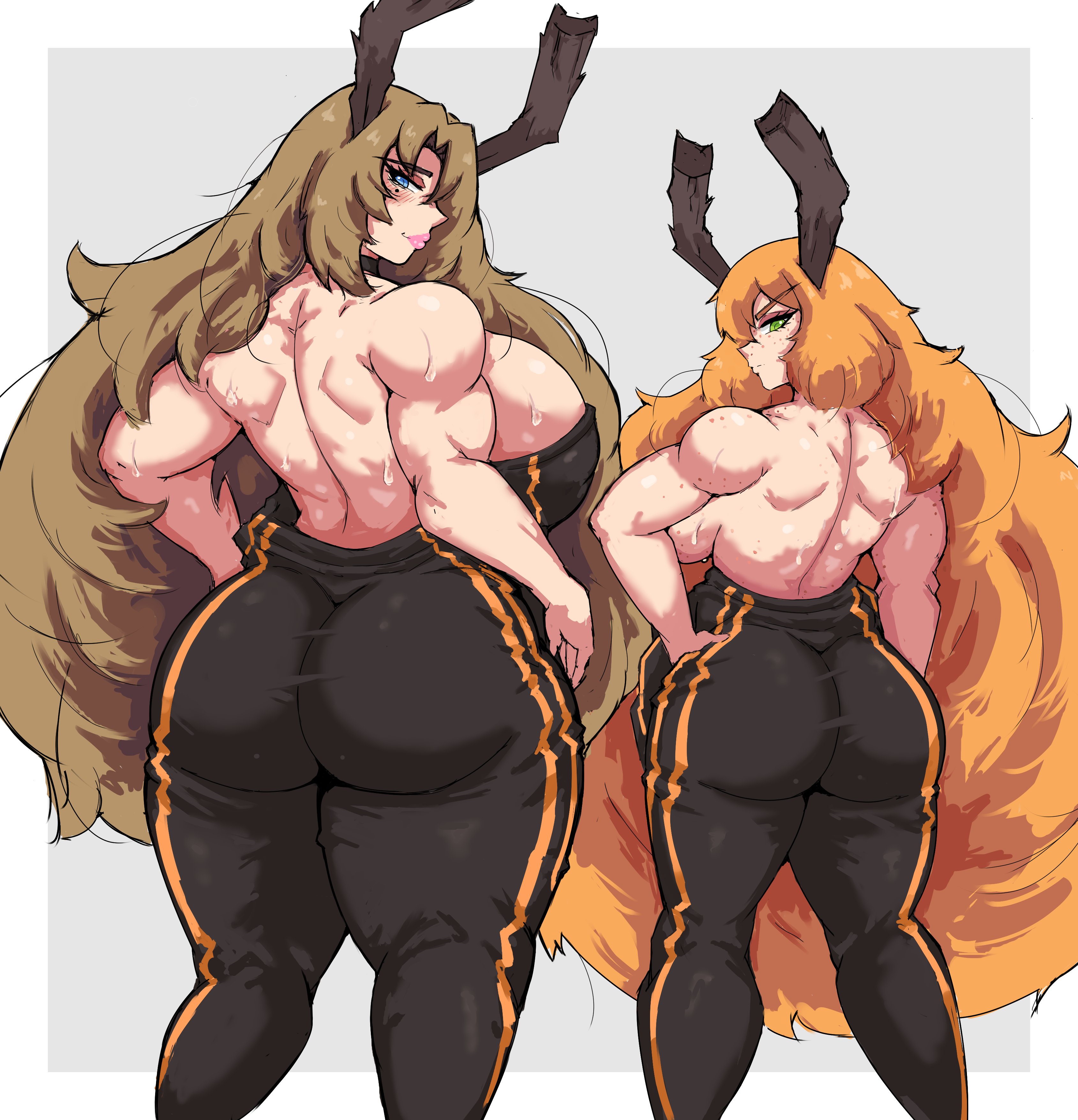 2girls, back muscles, fat ass, female, female only, frizzy hair, half-dressed, huge breasts, ishmael (limbus company), limbus company, lipstick, littleteze, long hair, long hair female, looking at viewer, looking back, multiple girls, muscular female, project moon, r corp (identity) (project moon), rodion (limbus company)