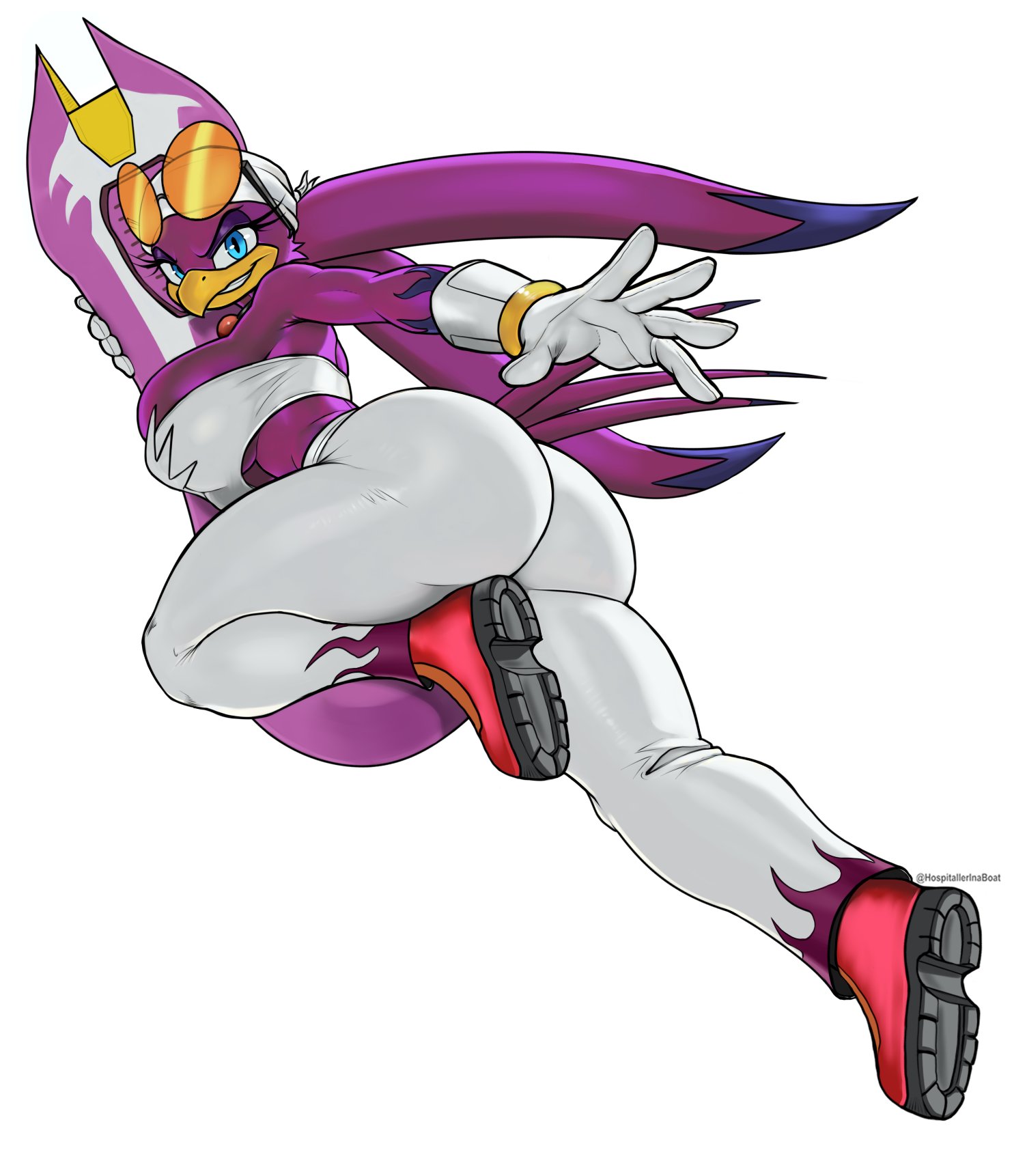 ass, breasts, bubble ass, bubble butt, glasses, glasses on head, high quality, high resolution, highres, hospitallerinaboat, looking at viewer, looking back, side view, sonic (series), sonic the hedgehog (series), tight clothes, tight clothing, tight fit, wave the swallow