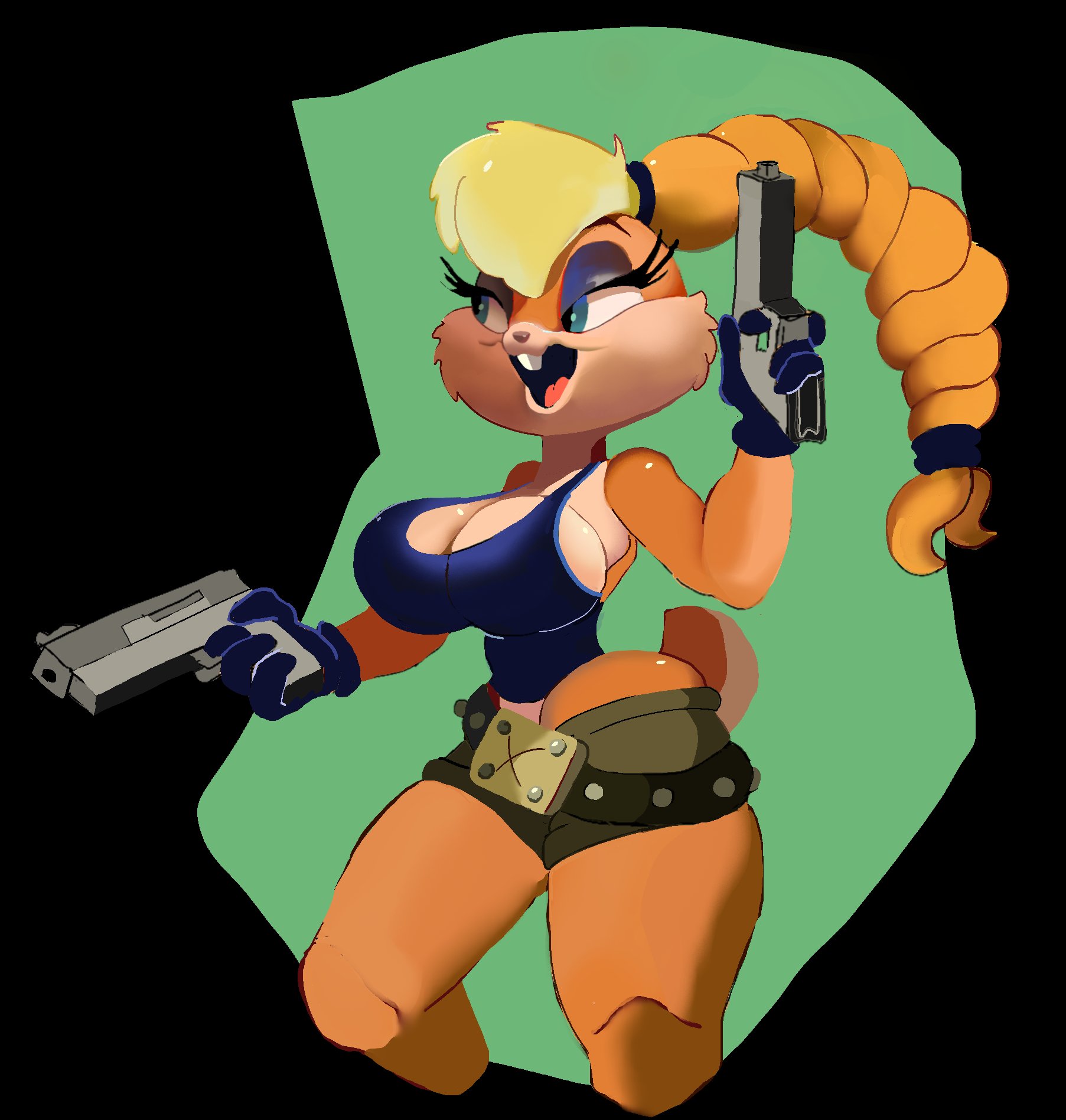 1girls, anthro, anthro female, anthro only, belt, belt buckle, blonde hair, blue eyes, booty shorts, breasts, buckteeth, bunny, bunny ears, bunny tail, cosplay, crabtopus, crossover, guns, handgun, huge breasts, lara croft (cosplay), large breasts, lola bunny, looney tunes, shorts, sideboob, solo, solo female, tank top, thick thighs, tomb raider, two-tone fur