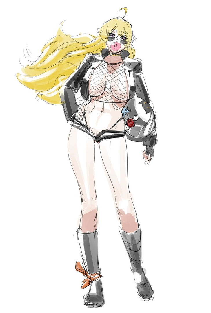 1girls, biker girl, blonde female, blonde hair, bubble gum, fishnets, half naked, half naked female, half-dressed, long hair, long hair female, purple eyes, rwby, sinccubi, sketch, solo female, yang xiao long