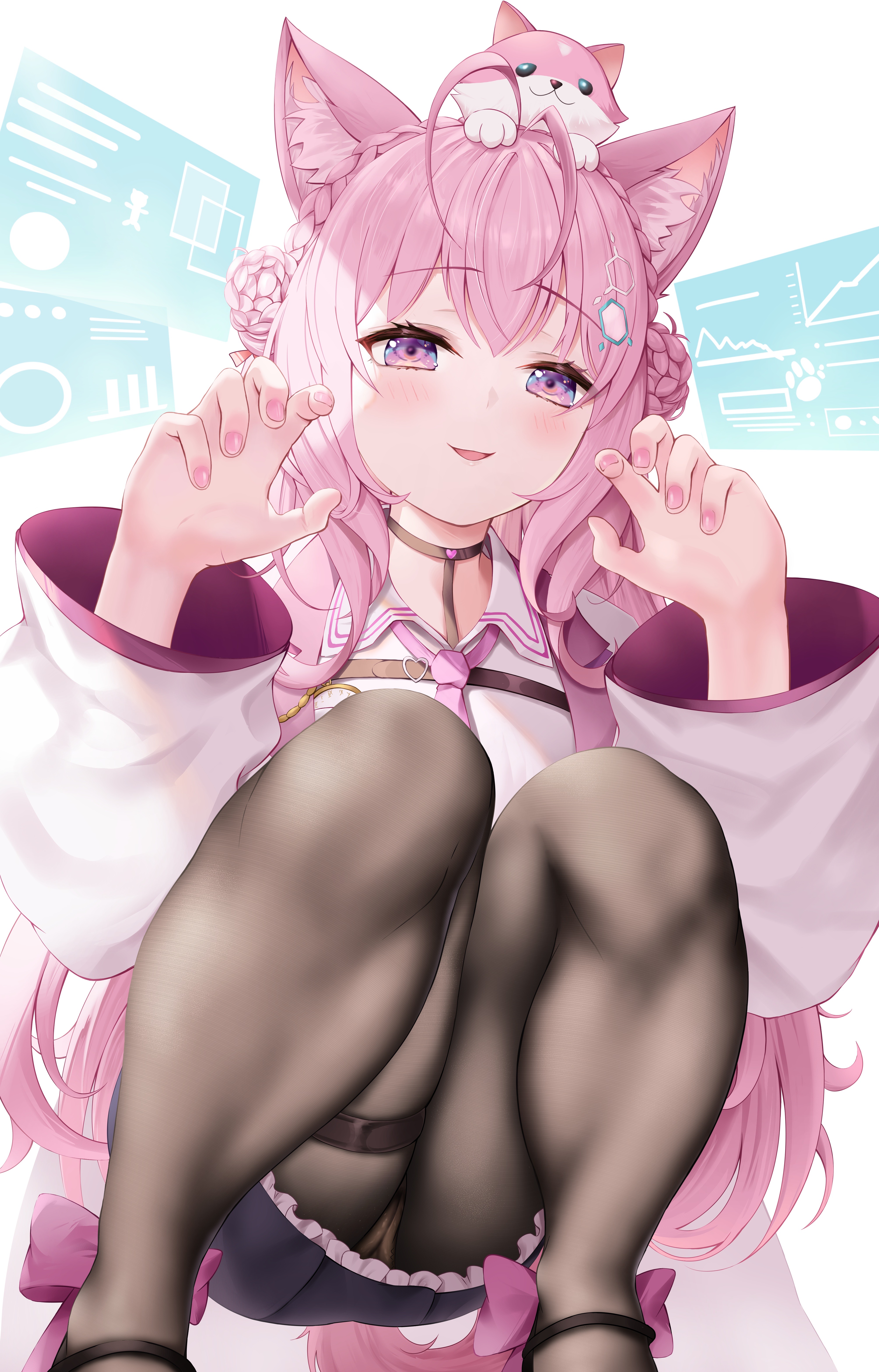 1girls, 2021, all fours, animal ears, blue eyes, female, hair ornament, hairclip, hakui koyori, hololive, hololive japan, holox, leggings, pink hair, roina, slim waist, solo, tail, thick thighs, thighs, virtual youtuber