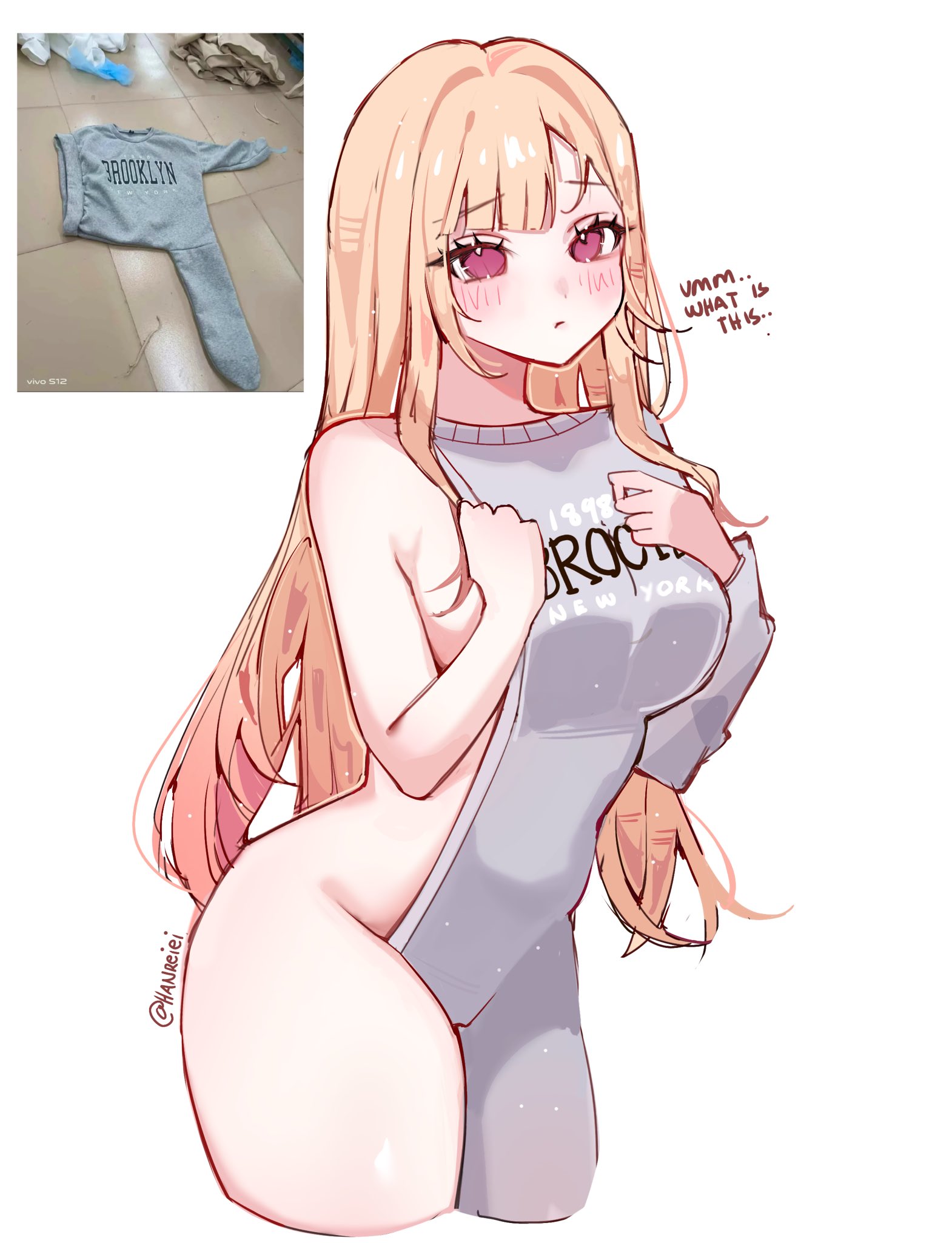 1girls, brooklyn sweater, female, female focus, female only, gyaru, hanreiei, kitagawa marin, light skin, light-skinned female, looking at viewer, solo, sono bisque doll wa koi wo suru, thick thighs, thighs, wide hips