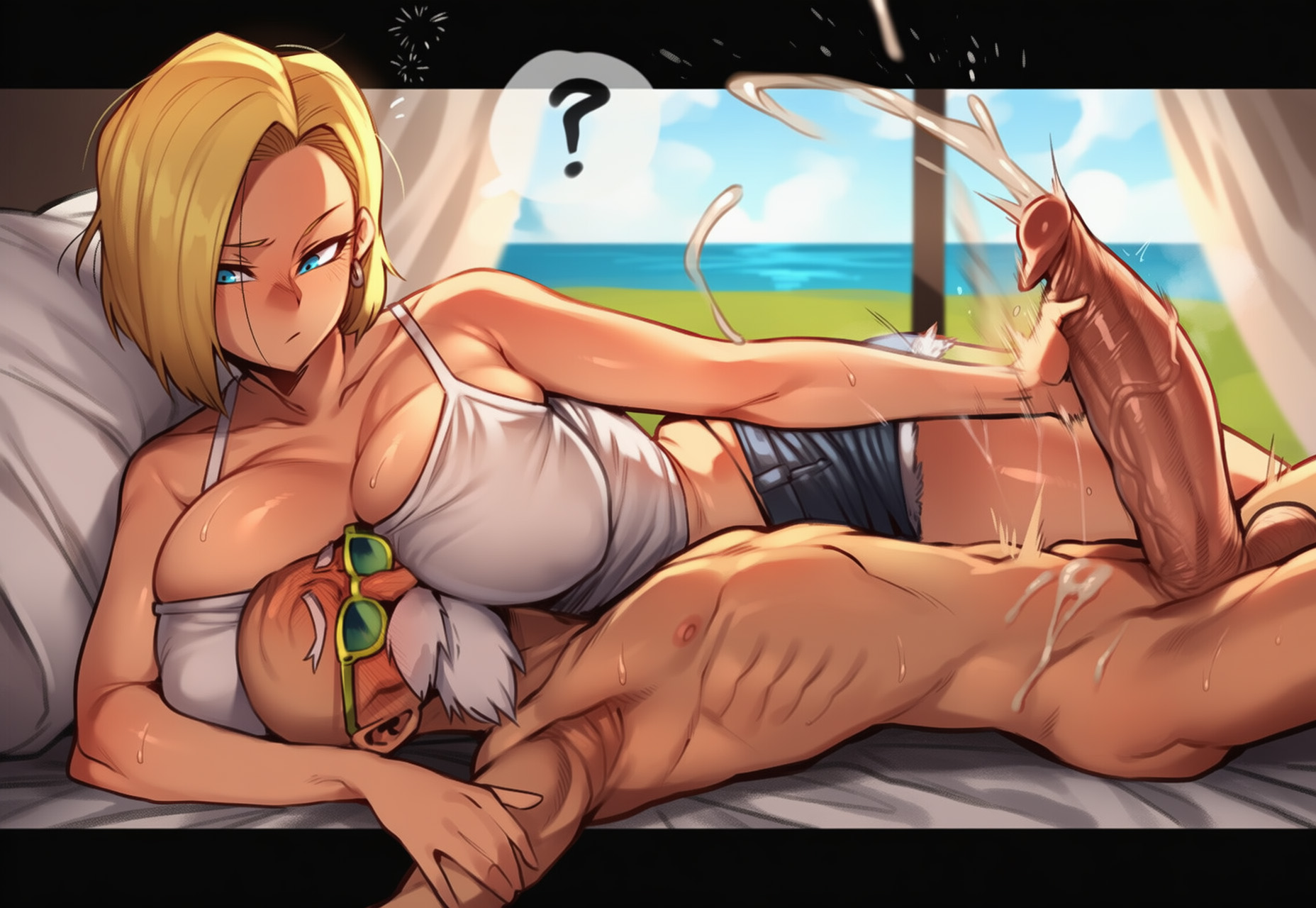 ?, 1boy, 1girls, ai generated, android 18, bed, between breasts, big breasts, blonde hair, blue eyes, blush, breasts, cleavage, cum, dragon ball, ejaculation, female, girl on top, handjob, large breasts, lying, lying on person, master roshi, older male, on back, on bed, on stomach, pel0v, penis, pillow, short hair, shorts, smile, straight, sunglasses, sweat, tagme, tank top