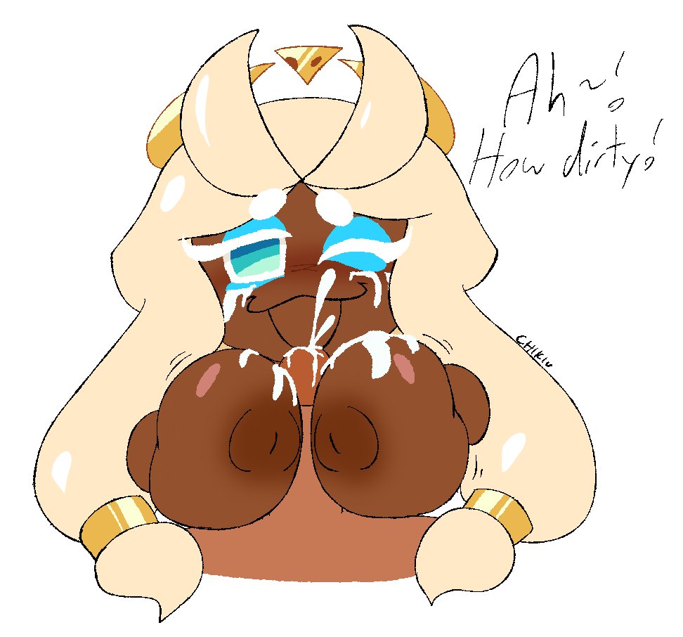 big breasts, chikidoodlez, cookie run, cookie run kingdom, cum, cum on body, cum on breasts, cum on face, cute, dark-skinned female, female, long hair, mozzarella cookie, paizuri, penis between breasts, tagme, tirazyy