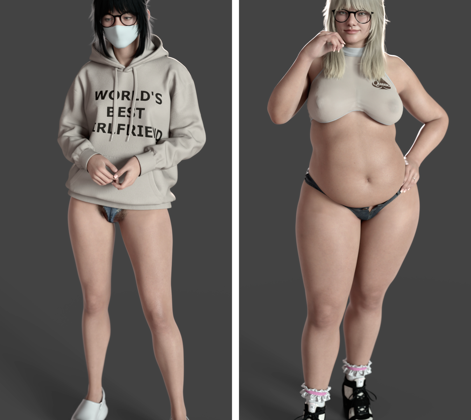 3d, 3d (artwork), bangs, before and after, belly, belly overhang, black hair, blonde hair, blowjob gesture, cheating, cheating wife, chubby, cuckold, dark hair, fat, glasses, hdr ntrgirl, hdregrets, hot pants, hotpants, jean shorts, large breasts, mask, masked, micro shorts, microshorts, minishorts, netorare, ntr, plump, pubic hair, queen of spades, queen of spades symbol, sneakers, wedding ring, weight gain