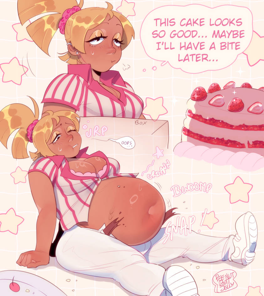 1girls, belt pop, belt snapping, big ass, big belly, big breasts, blonde female, blonde hair, bonnie (peenutbuttjelly), cake, cleavage, dark skin, dark-skinned female, inflation, navel, peenutbuttjelly, tagme, weight gain