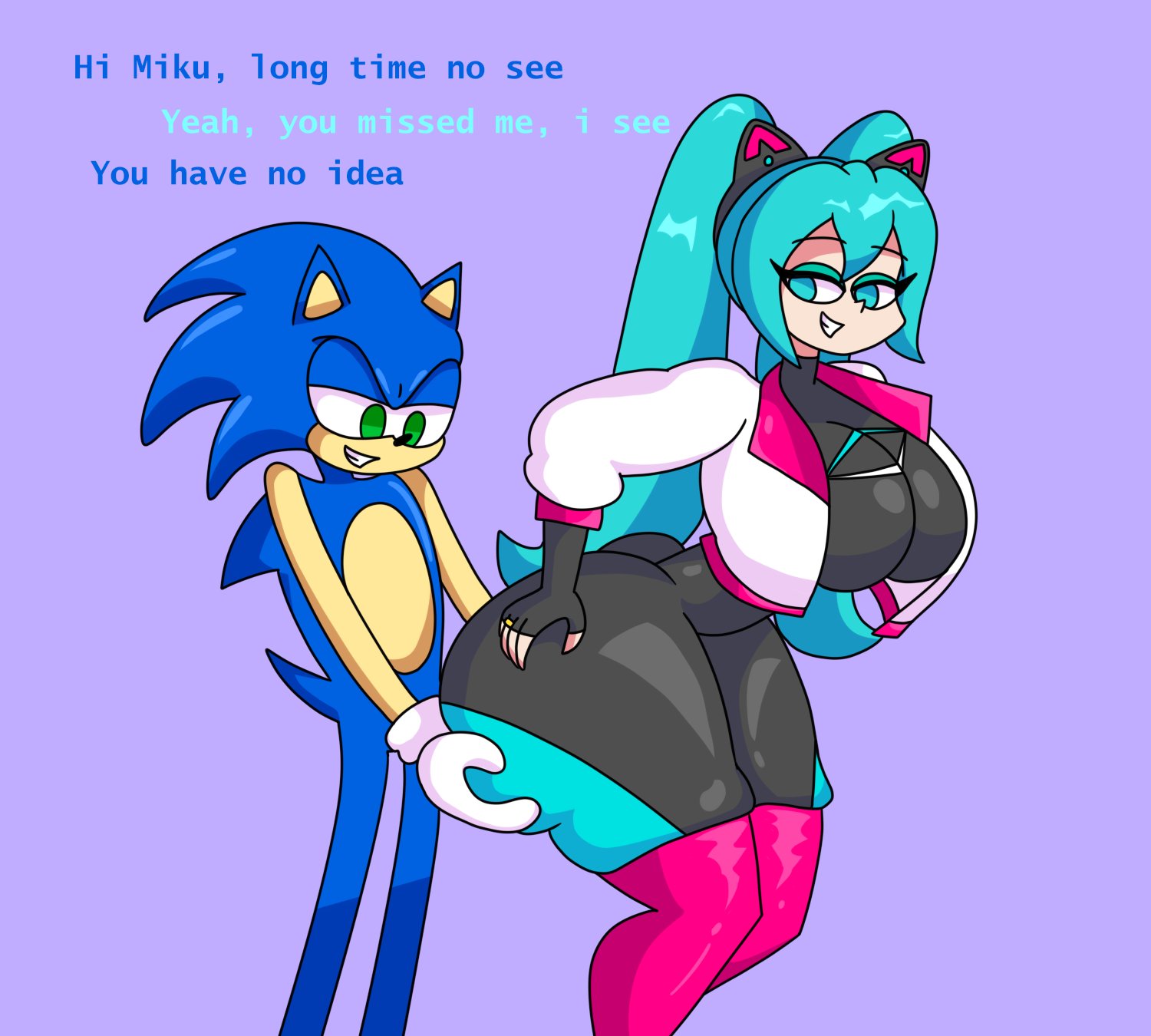 1boy, 1girls, animal ears, animal nose, anthropomorphic, aqua eyes, aqua hair, ass bigger than head, background, big breasts, black bodysuit, black gloves, blue fur, blue hair, blue skin, body fur, bodysuit, boots, breasts, cat ear headphones, cropped jacket, crossover, english text, eyeshadow, female, fingerless gloves, furry, furry male, furry with non-furry, gloves, grabbing another's ass, grabbing own ass, green eyes, grin, half-closed eyes, hatsune miku, hatsune miku (sonic racing crossworlds), hedgehog, huge ass, huge breasts, interspecies, jacket, jacket open, large breasts, leather clothing, long hair, looking at another, male, meme, mittens, ponytail, purple background, sega, shaded, simple background, smile, sonic (series), sonic racing crossworlds, sonic the hedgehog, sonic the hedgehog (series), standing, straight, tail, text, thick thighs, thigh boots, thighhighs, thighs, twintails, vocaloid, white jacket, wide hips, xanxhrry