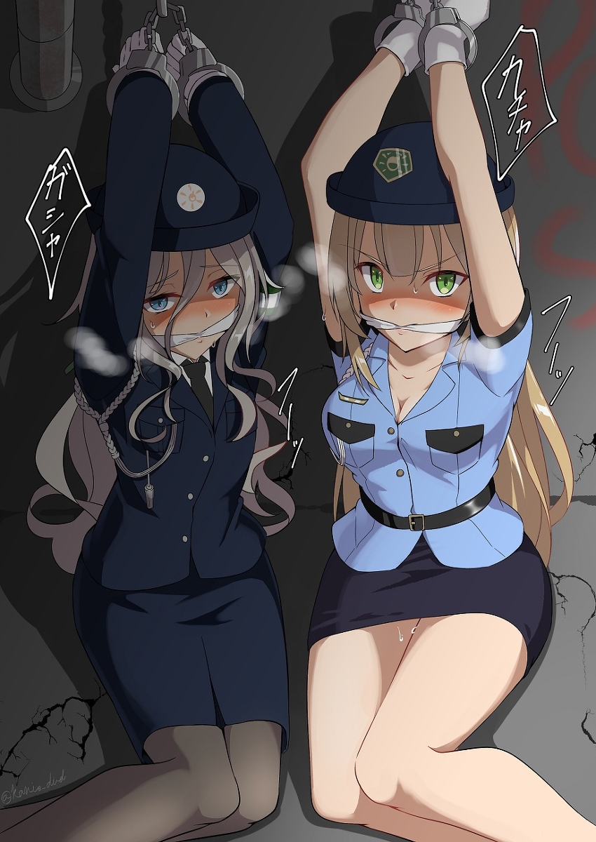 2girls big blonde_female blonde_hair blush bondage bound character_request cleave_gag copyright_request gag handcuffs kanie_did long_hair police police_uniform policewoman skirt