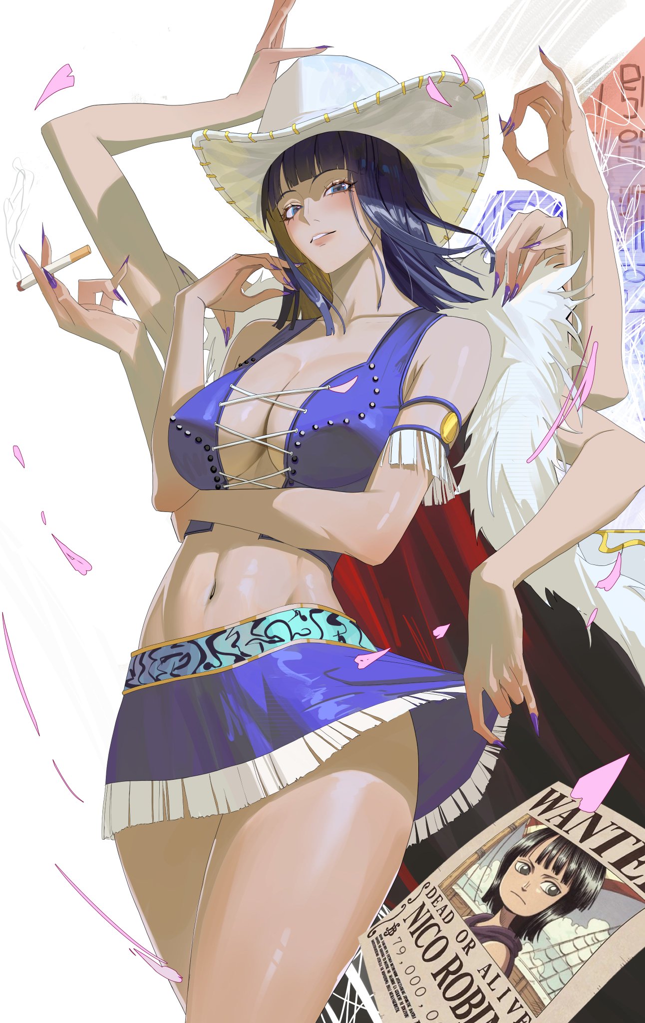 1girls, akuma no mi, black hair, black-haired female, blue eyes, blush, breast focus, breasts, clothed, clothing, cowboy hat, digital drawing (artwork), digital media (artwork), eight arms, female, female only, hana hana no mi, looking down, medium hair, miss all sunday, nico robin, one piece, poneglyph, pre timeskip, purple nails, rasipan, red cape, red coat, sexy pose, skirt, slight smile, smoking, solo, thick thighs, thin waist, toned female, toned stomach, wanted poster, white background, wide hips