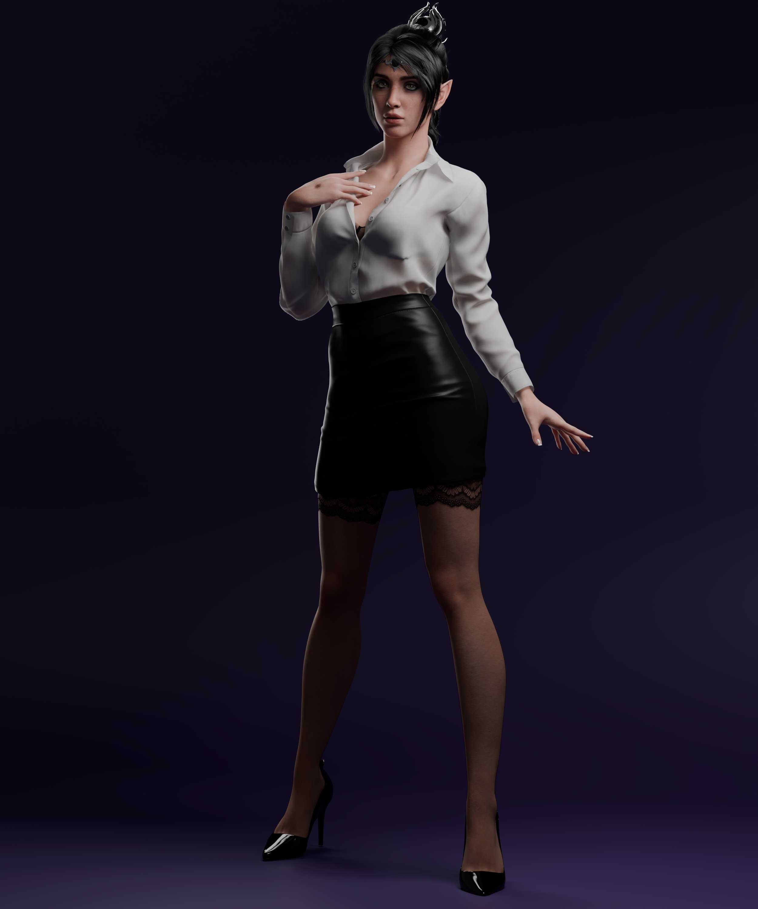 1girls, 3d, 3d (artwork), baldur's gate, baldur's gate 3, bangs, black hair, braid, dude017, dungeons and dragons, elf, female, female only, high heels, light-skinned female, long hair, office clothing, office lady, pencil skirt, pointy ears, shadowheart, solo, standing, stockings, tight clothing, wizards of the coast