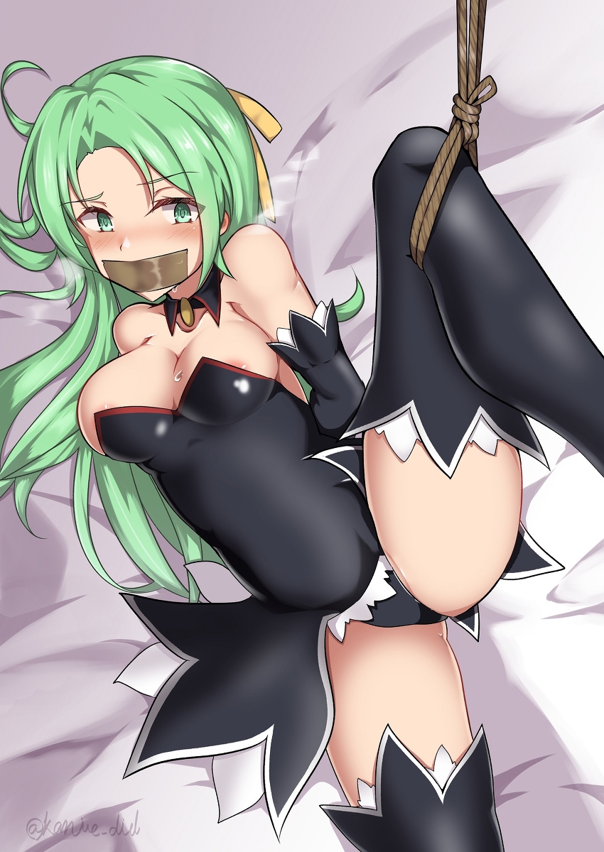 07th_expansion angel_mort_uniform arms_behind_back big_breasts bondage bound breasts busty cleavage exposed_thighs female femsub gag gagged green_eyes green_hair higurashi_no_naku_koro_ni kanie_did large_breasts leg_up medium_breasts partially_exposed_nipples restrained rope rope_bondage shion_sonozaki solo spread_legs tape_gag taped_mouth thighs tied_up