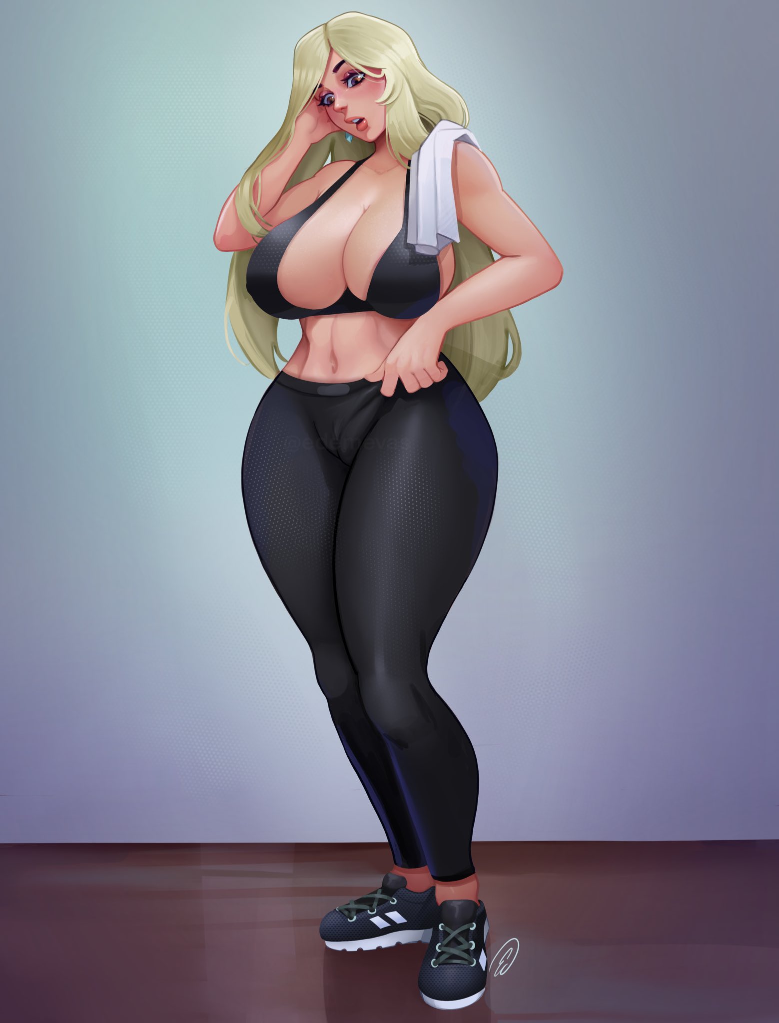 1girls, big breasts, blonde hair, breasts, curvy figure, edemevas, female, huge breasts, large breasts, leggings, long hair, original, standing, thick thighs, thighs, tight clothing, wide hips, yoga pants