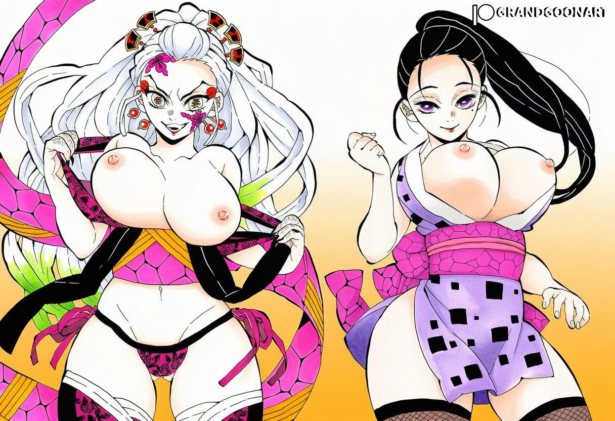 2girls, accurate art style, ai generated, areolae, bare thighs, black hair, bouncing breasts, breasts out, daki (kimetsu no yaiba), demon slayer, gigantic breasts, grandgoonart, green eyes, hinatsuru (kimetsu no yaiba), huge areolae, huge breasts, huge nipples, huge thighs, kimetsu no yaiba, kunoichi, light skin, light-skinned female, long hair, looking at viewer, massive breasts, multicolored hair, nipples, oni, oni female, panties, ponytail, puffy nipples, purple eyes, shounen jump, smiling, thick body, thick female, thick thighs, thighs, voluptuous, voluptuous female, white hair