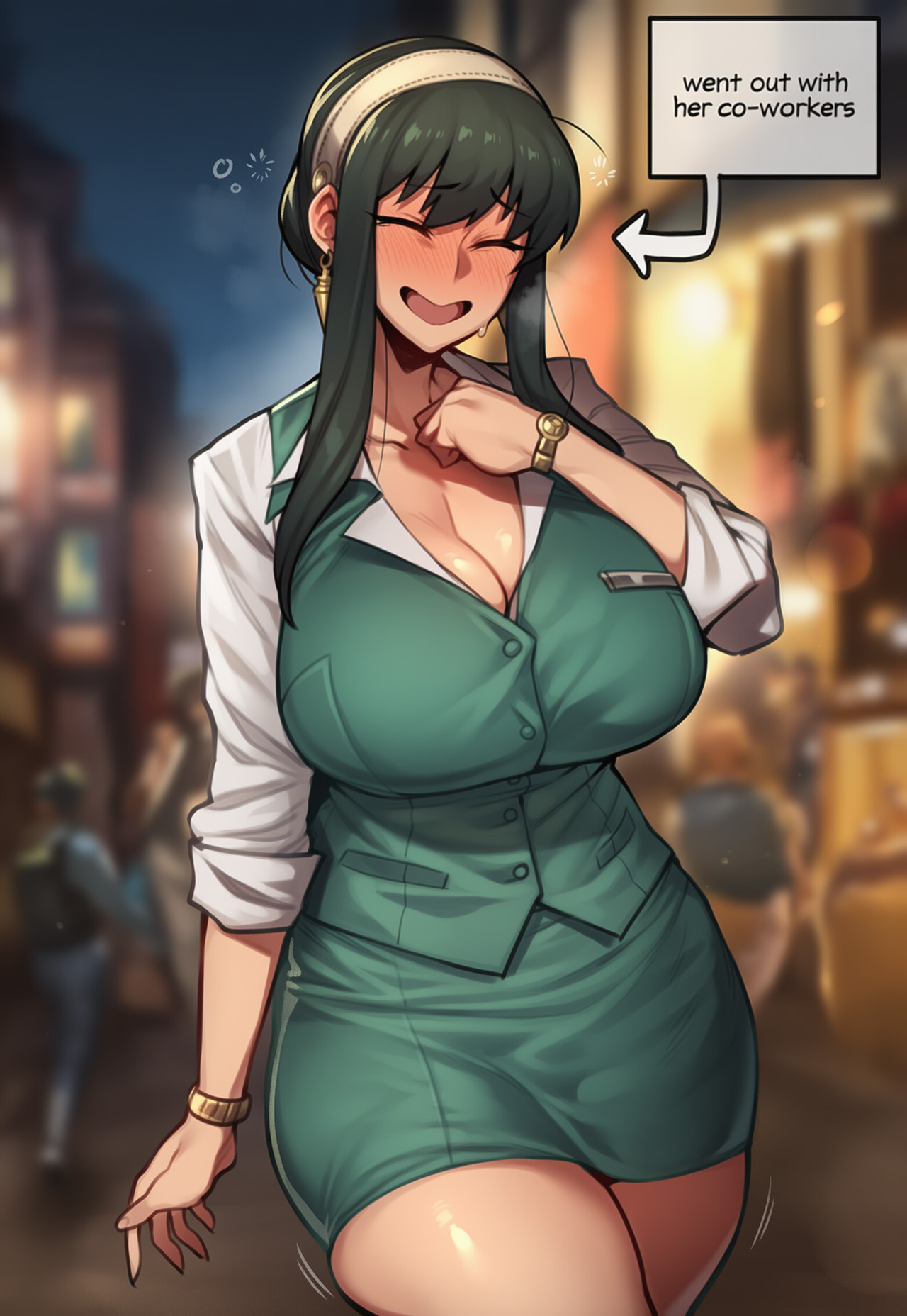 1girls, ai generated, bangs, big breasts, black hair, blurry, blurry background, blush, bracelet, breasts, cleavage, closed eyes, collarbone, curvy, depth of field, drunk, earrings, female, green skirt, hairband, huge breasts, jewelry, long hair, office lady, open mouth, pel0v, shirt, skirt, spy x family, tagme, thighs, watch, yor briar, yor forger