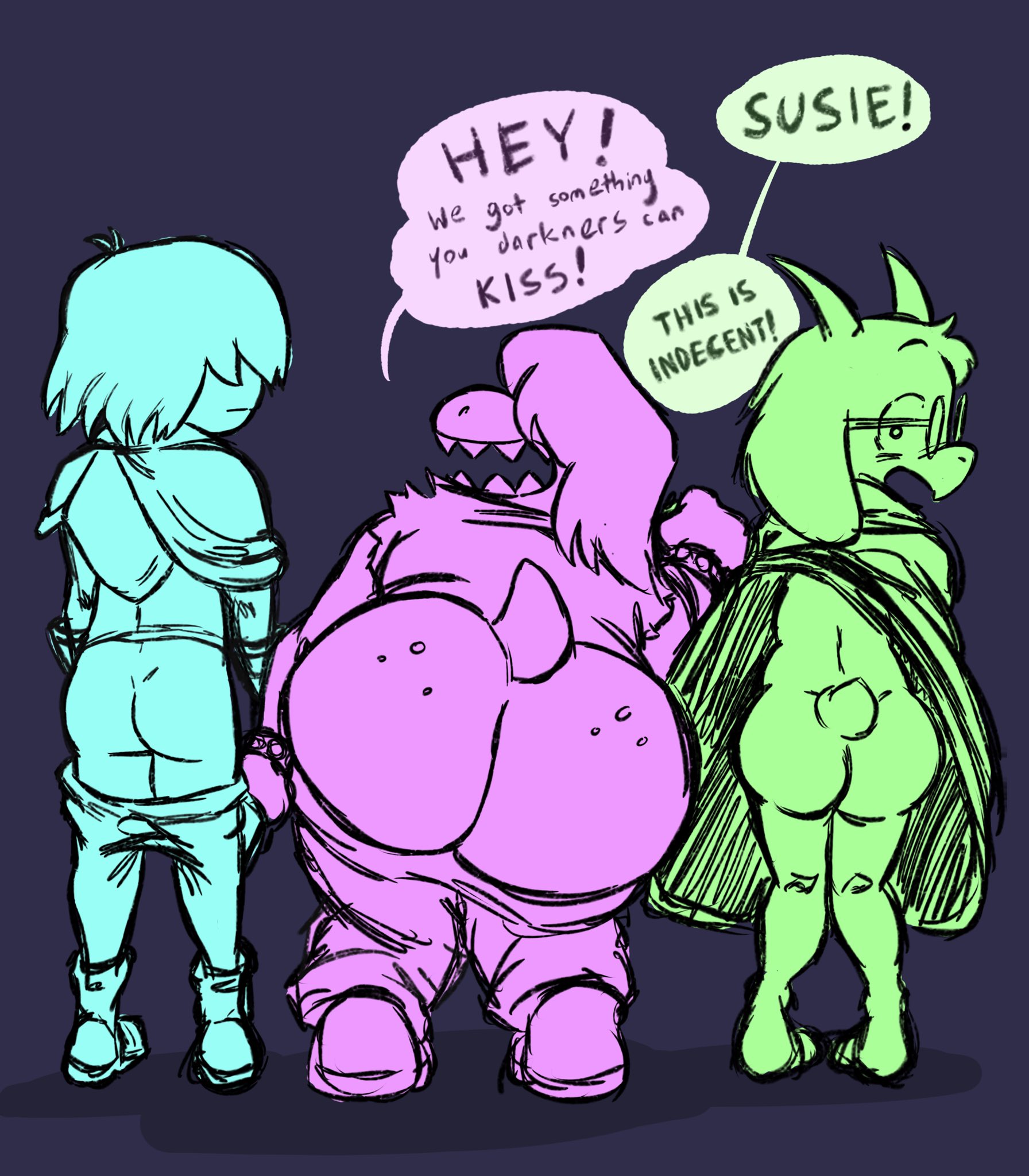 1boy, 1girls, ass, big ass, big butt, butt, deltarune, fat ass, fat butt, female, femboy, filthyopossum, freckles, freckles on ass, gay, gay anal, glasses, goat, homosexual, homosexual male, huge ass, huge butt, kris (deltarune), lizard, looking at viewer, looking back, looking back at viewer, male, male penetrated, male/female, male/male, mooning, non-binary, ralsei, ralsei with white fur, susie (deltarune), tail, talking to viewer, text, text bubble, thick ass, thick butt, toby fox