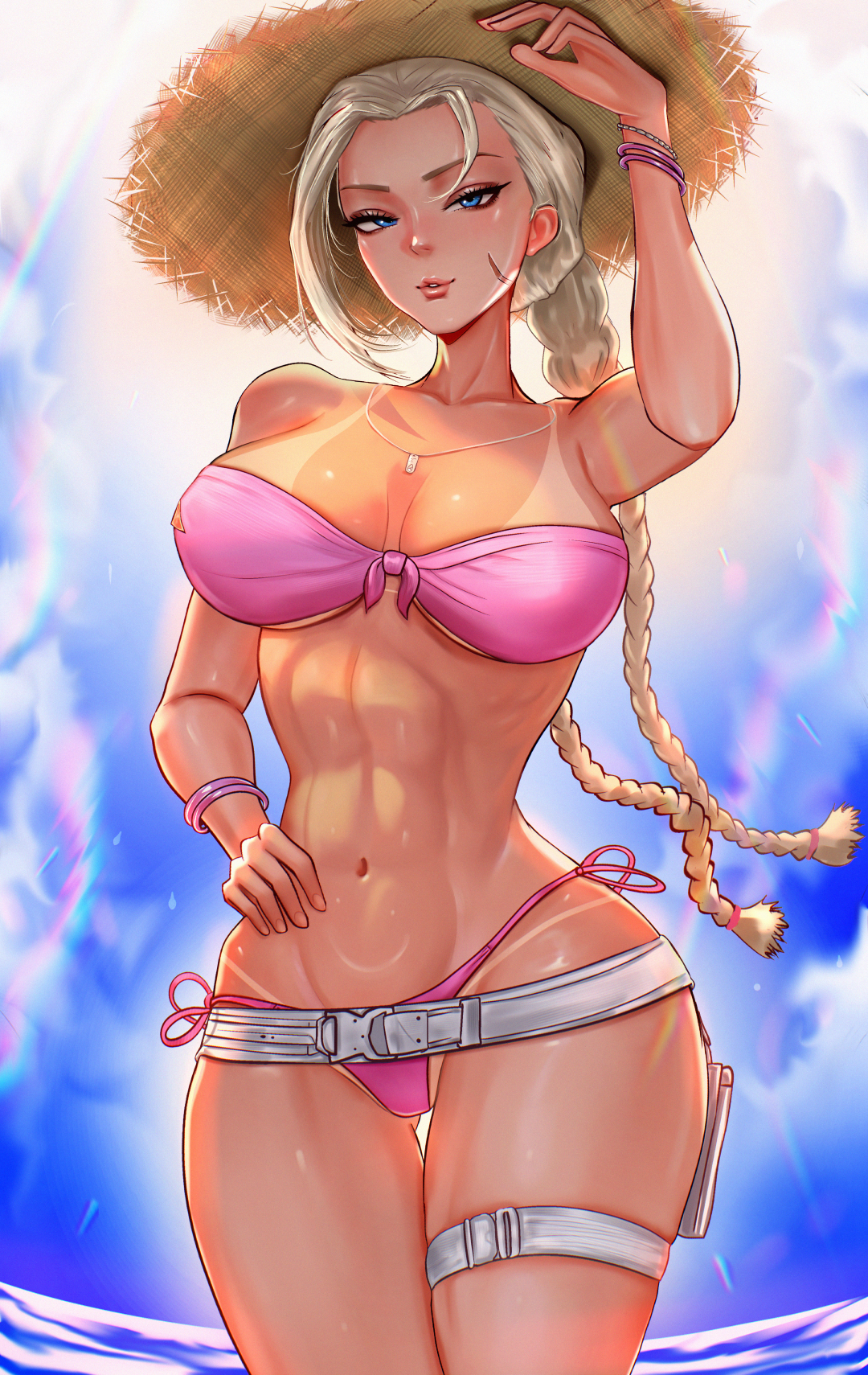 abs, bare shoulders, belt, belt buckle, belt straps, big breasts, bikini, blonde hair, blue eyes, bracelet, bracelets, braid, braided ponytail, breasts, cammy white, cammy white (ssf2 swimsuit), cammy white (street fighter 6), capcom, cleavage, cloud, cloudy sky, commentary, english commentary, female, front-tie bikini, front-tie bikini top, front-tie top, grin, hand on own hip, hand on own stomach, hat, highres, jewelry, large breasts, legs together, long hair, looking at viewer, mcdobo, navel, necklace, official alternate costume, pink bikini, scar, scar on face, side-tie bikini, side-tie bikini bottom, side-tie bottom, sky, smile, solo, straw hat, street fighter, street fighter 6, sun hat, sunlight, swimsuit, tan, tan skin, tanlines, thigh strap, thin waist, toned, toned female, water, wide hips