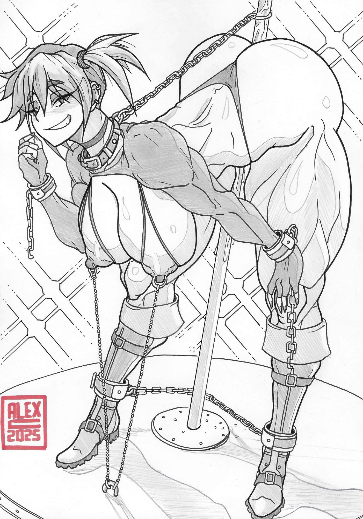 abs, alternate muscle size, artalexc, ass, bent over, bikini, bondage, boots, bound, breasts, chain leash, chained, chains, collar, crotch rub, cuffs, female, fingerless gloves, full body, gloves, grin, hanging breasts, holding, holding pole, huge ass, huge breasts, kasumi (pokemon), large ass, large breasts, leash, linked piercing, looking at viewer, misty (pokemon), muscular, muscular female, naughty face, nintendo, nipple chain, nipple piercing, nipple rings, nipples, piercing, pokemon, pokemon (anime), pokemon (classic anime), pokemon rgby, pole, pole dancing, shackles, short hair, short twintails, side ponytail, smile, solo, spreader bar, stripper, stripper pole, swimsuit, thick ass, thick thighs, thighs, thong, thong bikini, traditional media, twintails