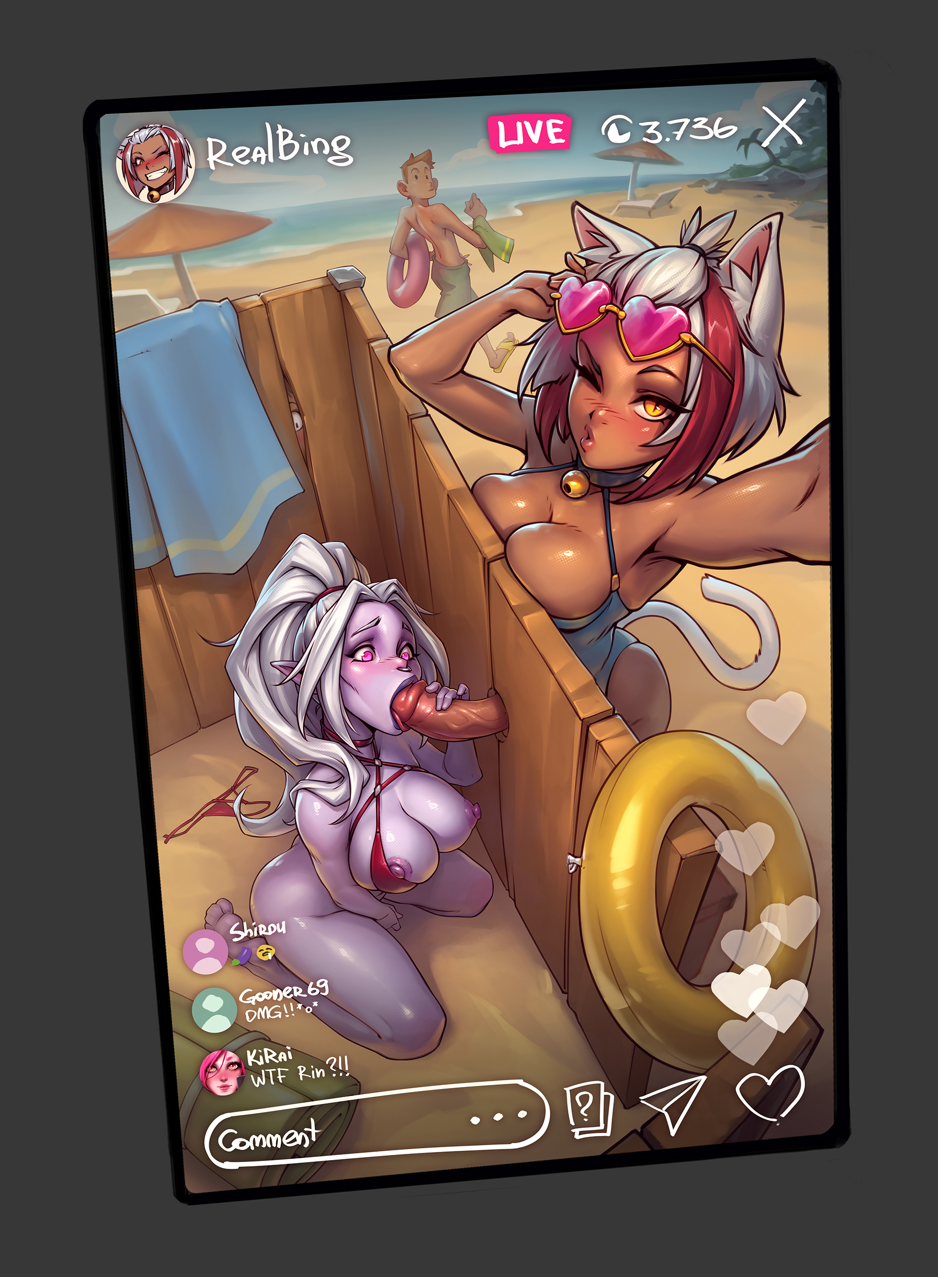 animal ears, beach, fellatio, female, futa with female, futanari, glory hole, public indecency, selfie, shirouxah