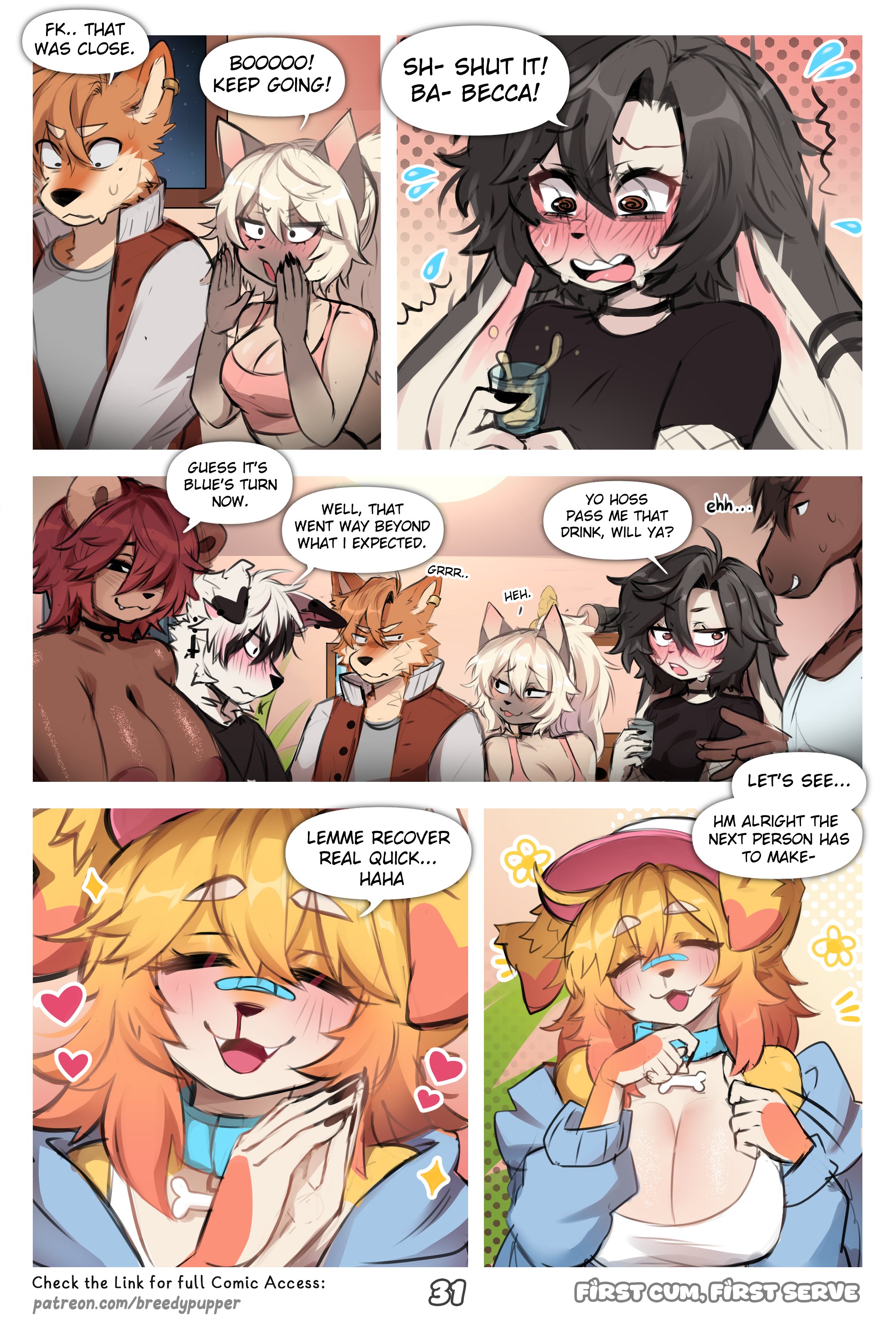 5koma, absurd res, anthro, areola, bangs, becca (breedypupper), big breasts, blue (breedypupper), breasts, breedypupper, canid, canine, canis, clothed, clothed anthro, clothed female, clothed male, clothing, comic, conditional dnp, dialogue, digital drawing (artwork), digital media (artwork), domestic dog, english text, female, female anthro, front view, group, hair, hi res, indoor nudity, inside, irregular speech bubble, jackie (breedypupper), jennie (breedypupper), long hair, magnus (breedypupper), male, male anthro, male/female, mammal, nude, nude anthro, nude female, shaded, short hair, simple shading, social nudity, speech bubble, spin the bottle, stacy (breedypupper), text, three-quarter view, title, tyler (breedypupper), url