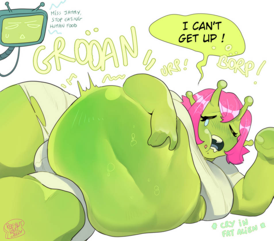 1girls, alien, alien girl, antennae (anatomy), big ass, big belly, big breasts, burping, crying, crying with eyes closed, dialogue, grabbing own belly, green skin, immobile, inflation, jammy (peenutbuttjelly), laying down, peenutbuttjelly, pink hair, ripped clothing, robot, tagme