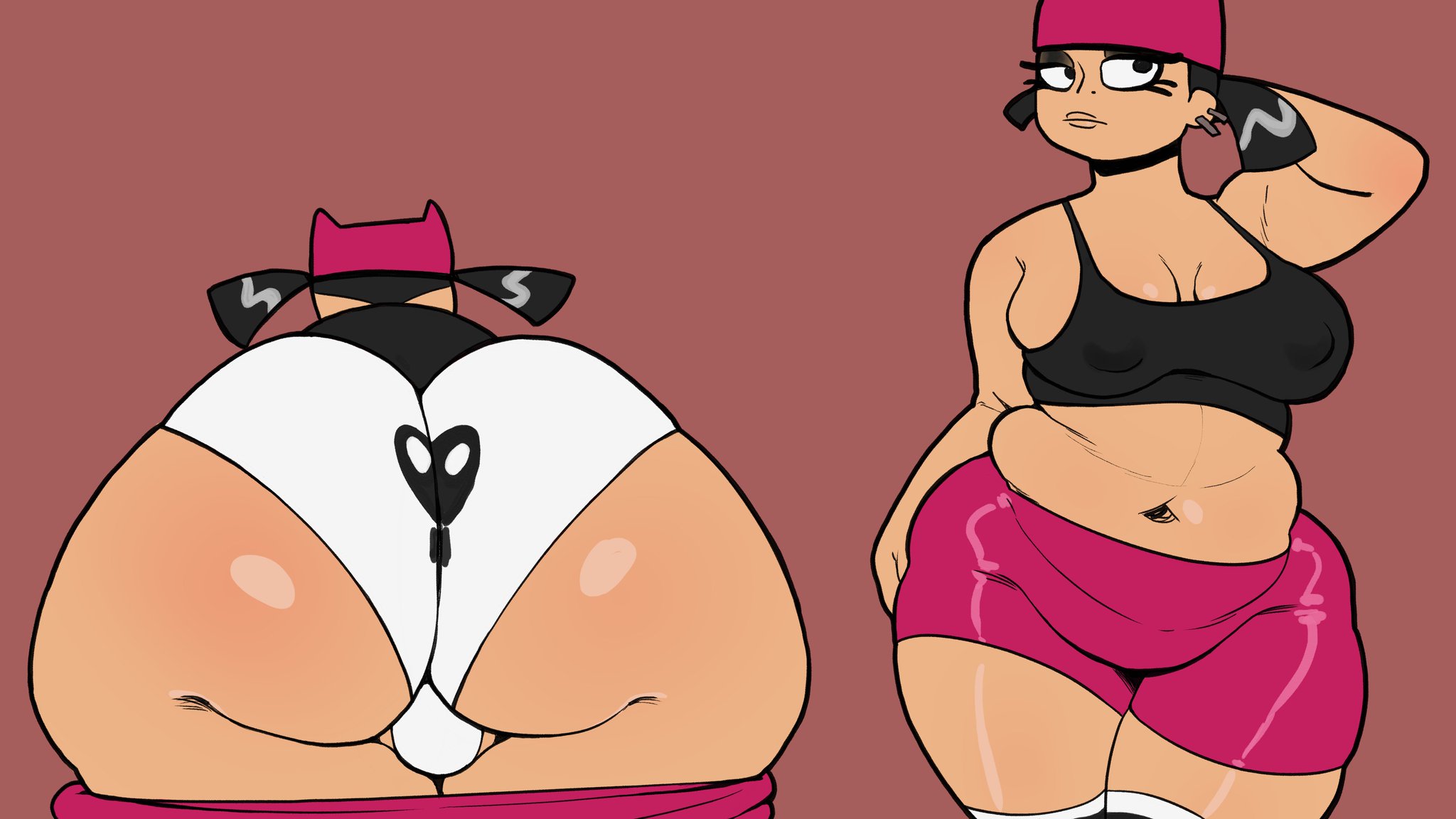1girls, arm behind head, ass, ass focus, belly, big ass, black crop top, black hair, breasts, clothing, crop top, dat ass, dumptruck ass, enormous ass, erect nipples, fat, fat ass, fat belly, fat female, female, female only, gigantic ass, hat, huge ass, human, human only, large ass, light skin, light-skinned female, massive ass, mature, mature female, my life as a teenage robot, nickelodeon, nipples visible through clothing, overweight, overweight female, pink hat, pink shorts, shorts, skidaddleman, solo, solo female, solo focus, thick ass, thick thighs, thighs, tiff crust, twintails, underwear, voluptuous, voluptuous female, white underwear