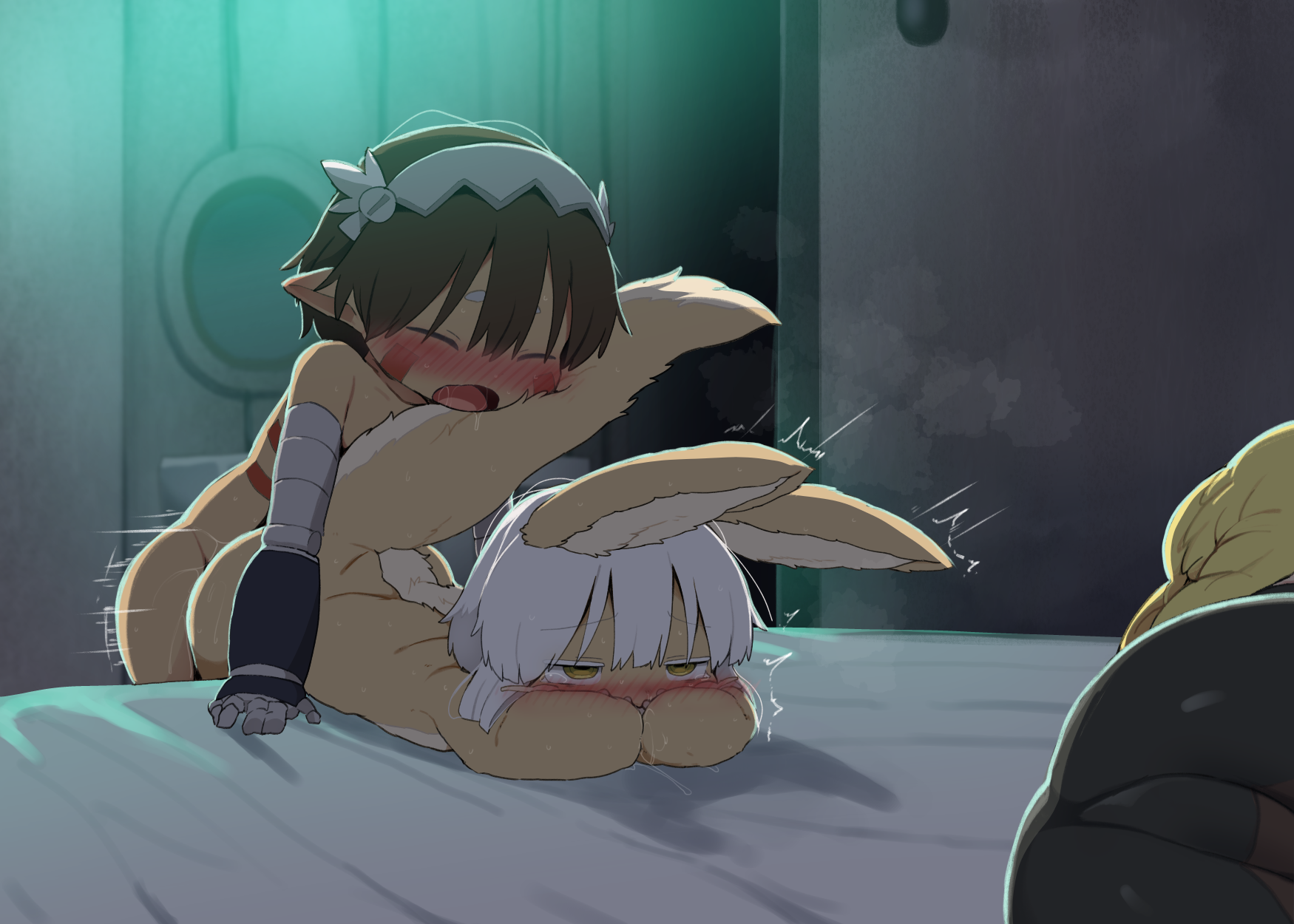 1boy, 2girls, anthro, ass, bed, bedroom, blonde hair, blush, breeding, brown hair, completely naked, completely naked female, completely naked male, completely nude, completely nude female, completely nude male, dagasi, doggy style, furry, indoors, long ears, made in abyss, mating, naked, nanachi, narehate, nude, reg (made in abyss), riko (made in abyss), robot boy, sex, short hair, sleep, sleeping, tail, white hair