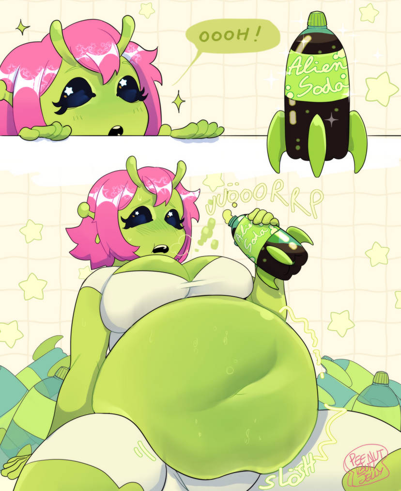 1girls, alien, alien girl, antennae (anatomy), big belly, big breasts, black eyes, burping, cleavage, drink inflation, drinking, drinking soda, green skin, inflation, jammy (peenutbuttjelly), navel, peenutbuttjelly, pink hair, soda, soda inflation, tagme, weight gain
