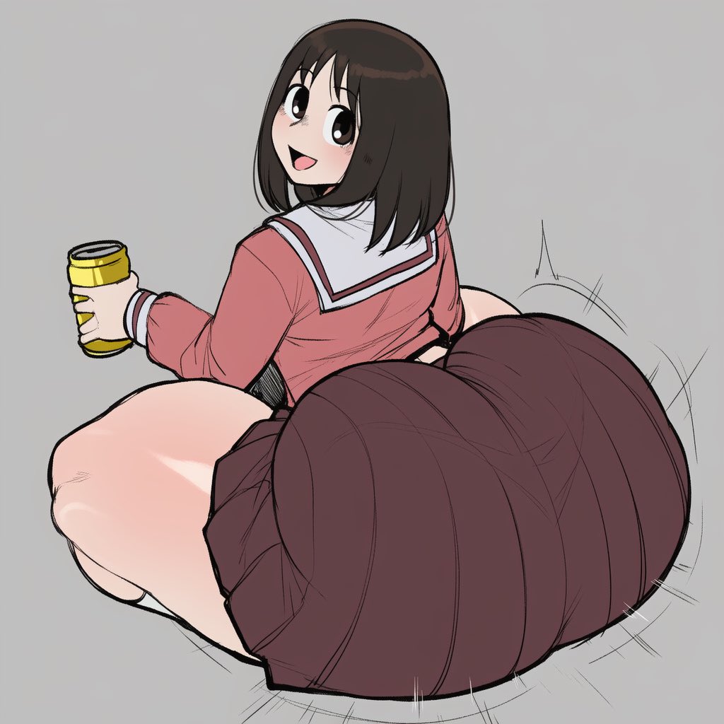 1girls, ai generated, ass, azumanga daiou, big ass, blush, brown eyes, brown hair, can, female, huge ass, looking at viewer, looking back, open mouth, osaka ayumu kasuga, school uniform, serafuku, skirt, smile, socks