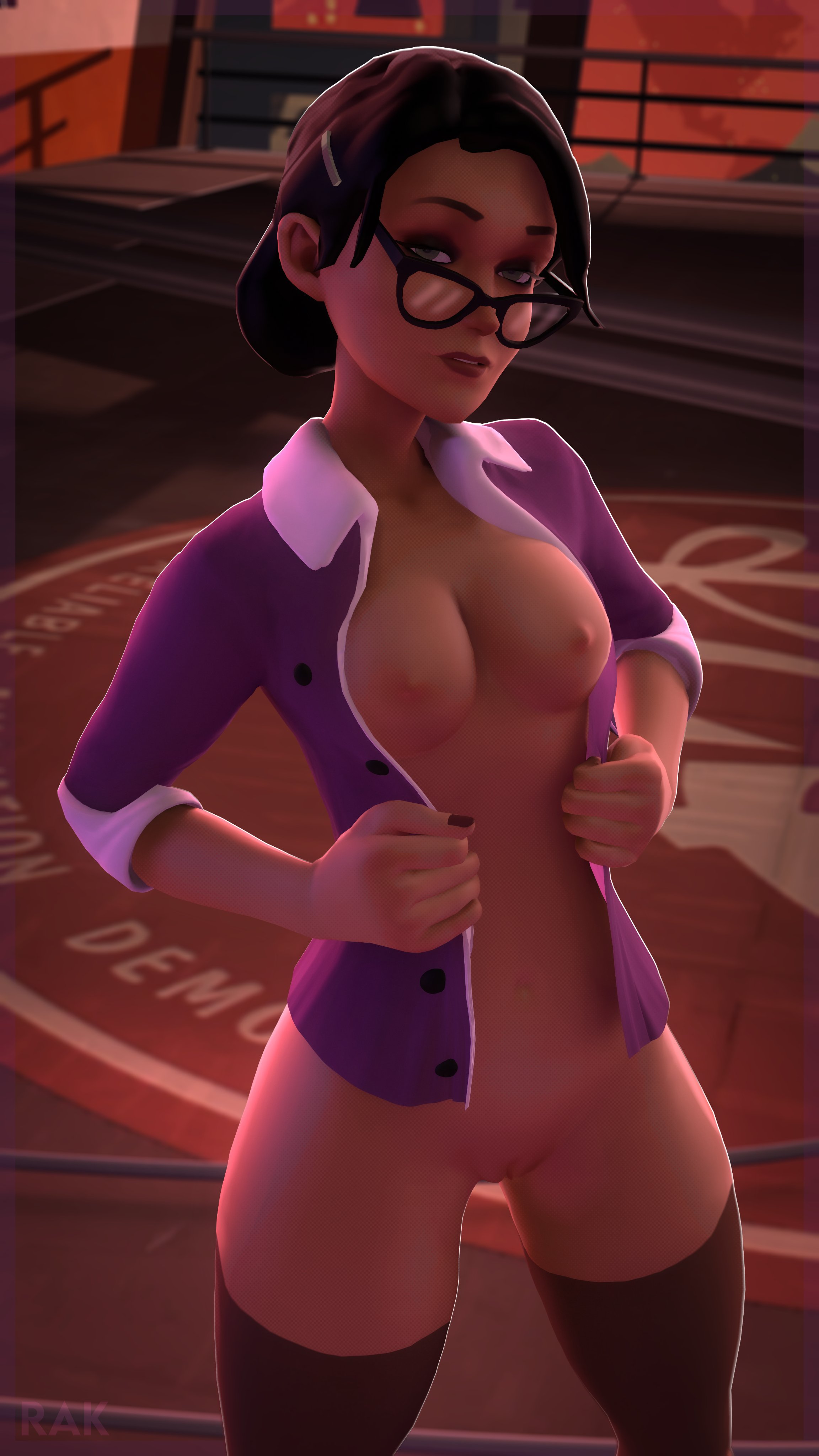 1female, 1girls, 3d, black hair, breasts, female, female only, functionally nude, functionally nude female, glasses, miss pauling, nipples, nude, nude female, nz rak, open shirt, pinup, pussy, shirt, solo, solo female, stockings, tagme, team fortress 2