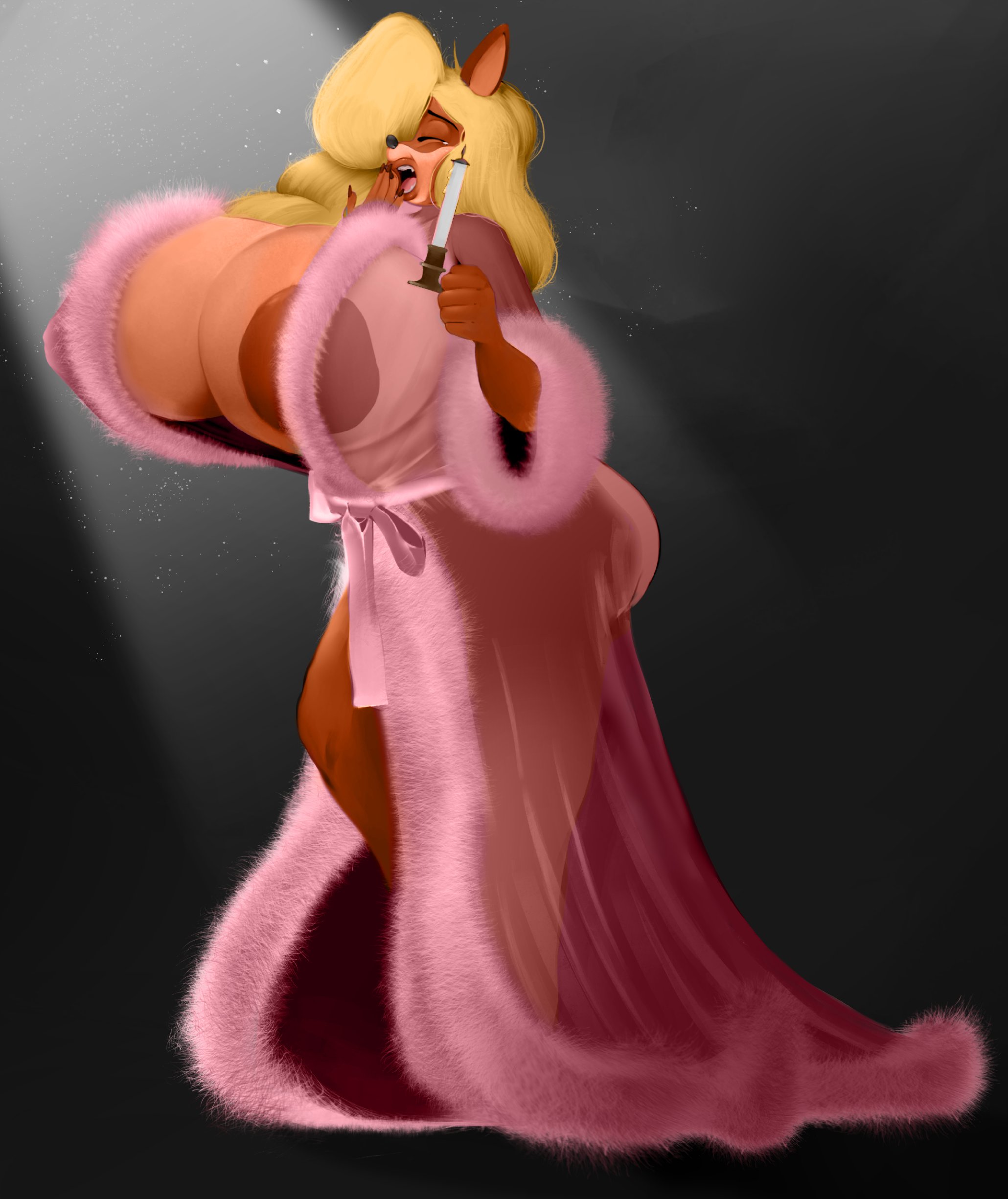bimbo, candle, candlestick, crabtopus, dark nipples, furry, huge areolae, huge breasts, massive breasts, robe, tall, tawna bandicoot, thick thighs, yawn