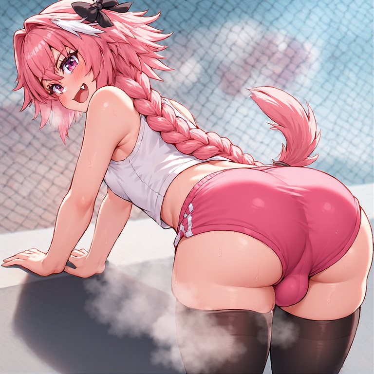 1boy, ai generated, ass, astolfo (fate), bent over, cute fang, fate (series), fate/grand order, femboy, gym clothes, light-skinned male, male, male only, pink eyes, pink hair, pink shorts, presenting butt, ribbon, solo, thighhighs